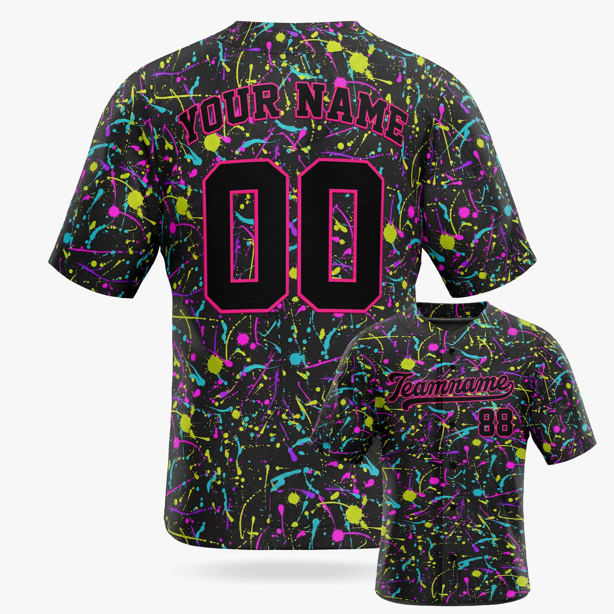 Custom Baseball Jersey Black and Pink Paint Splatter - Design Your Own