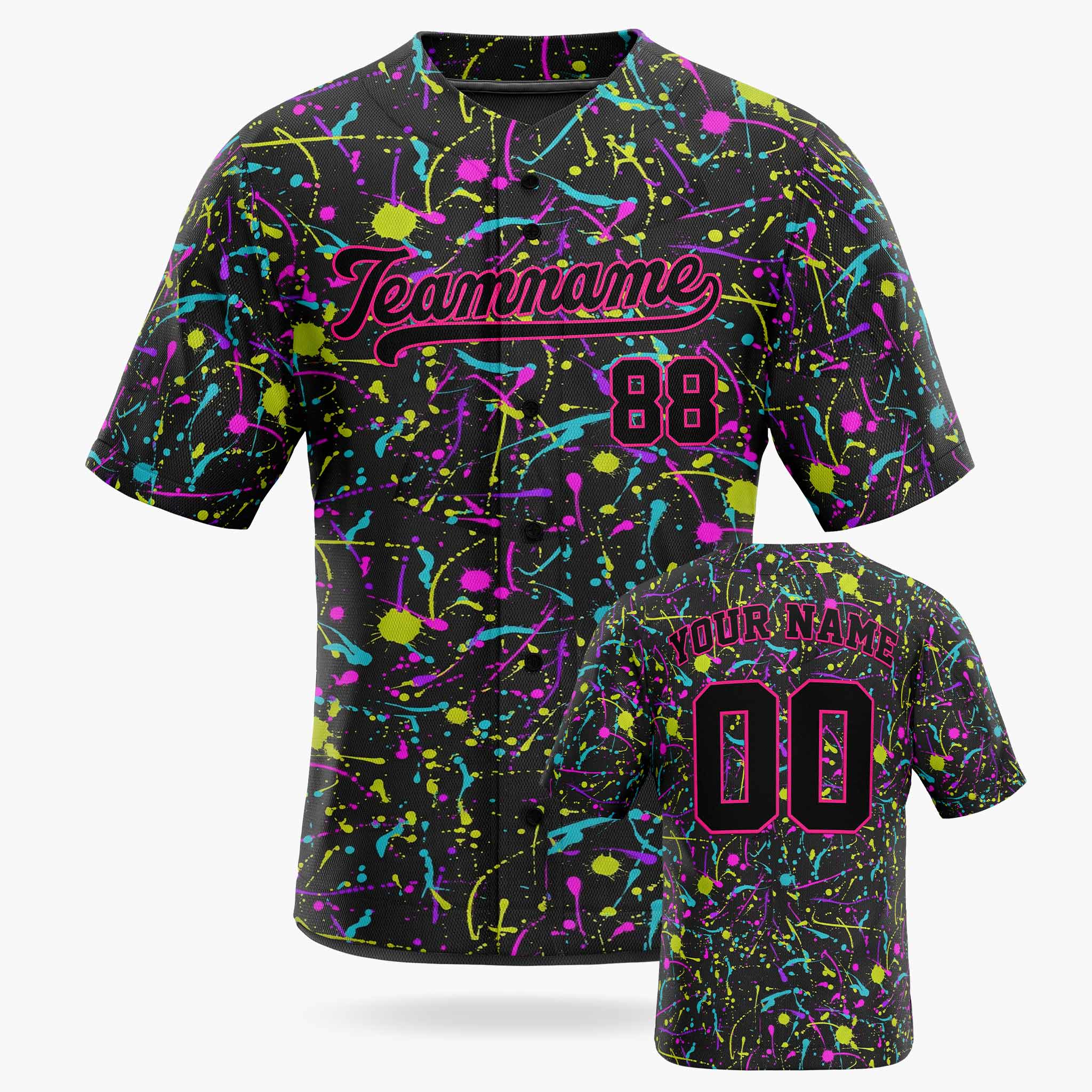 Custom Baseball Jersey Black and Pink Paint Splatter - Design Your Own