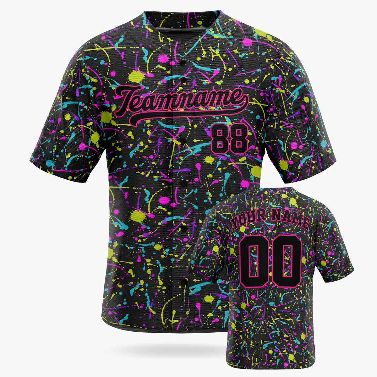 Custom Baseball Jersey Black and Pink Paint Splatter - Design Your Own
