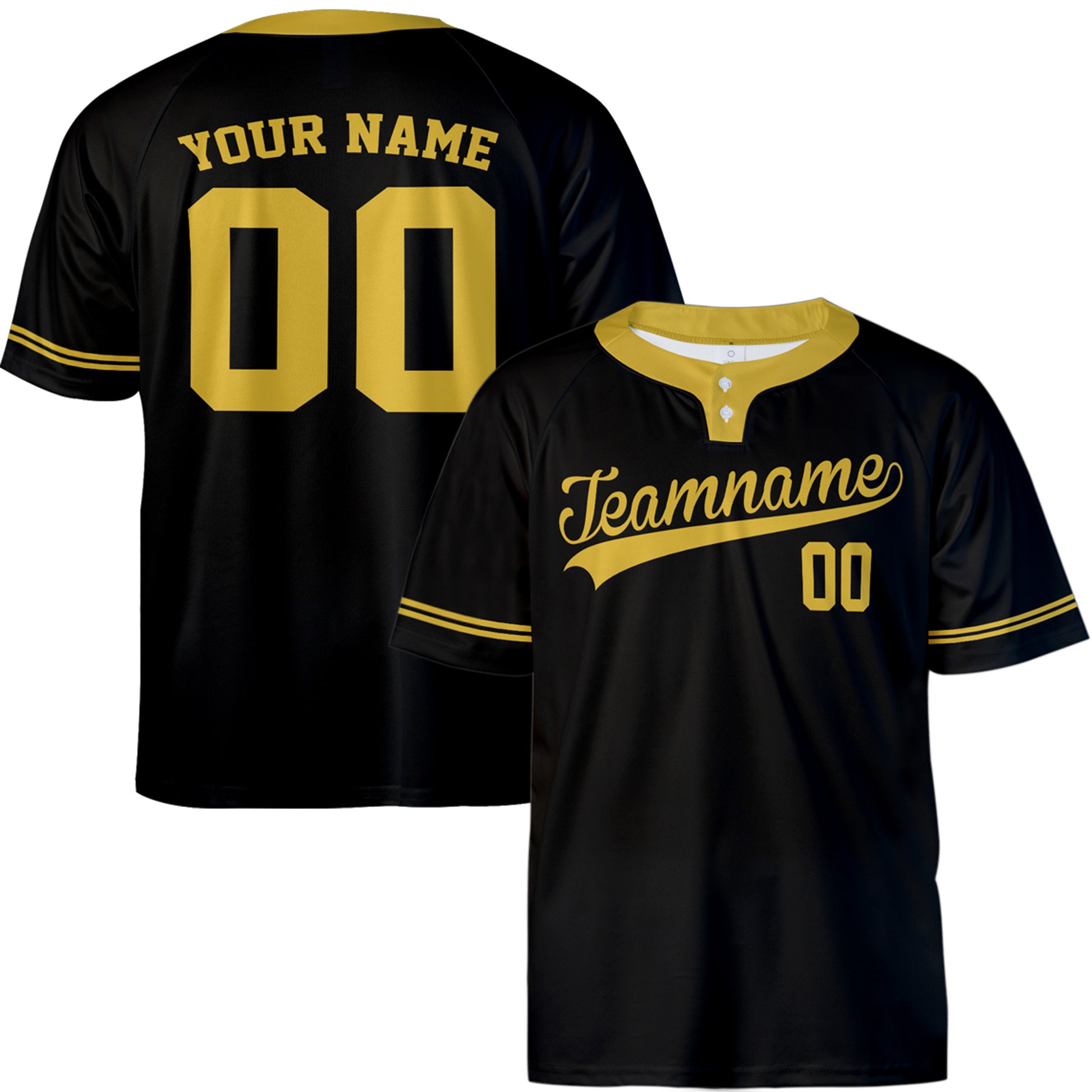 Custom Two Button Softball Jersey Black and Gold Piping – Design Your Own