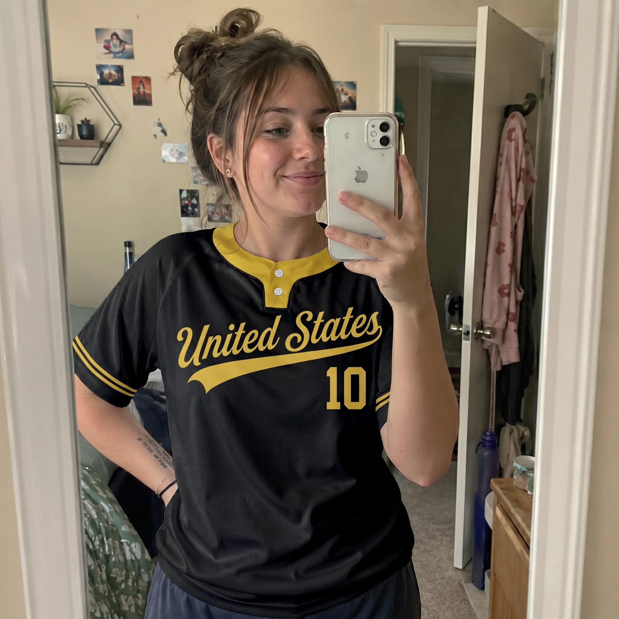Custom Two Button Softball Jersey Black and Gold Piping – Design Your Own