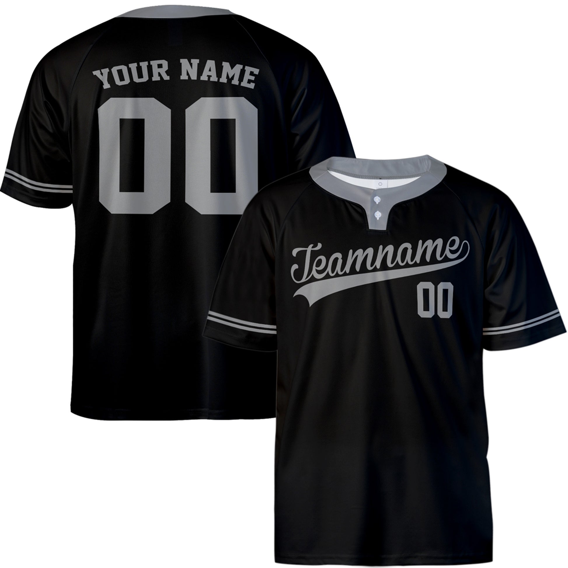 Custom Two Button Softball Jersey Black and Grey Piping – Design Your Own