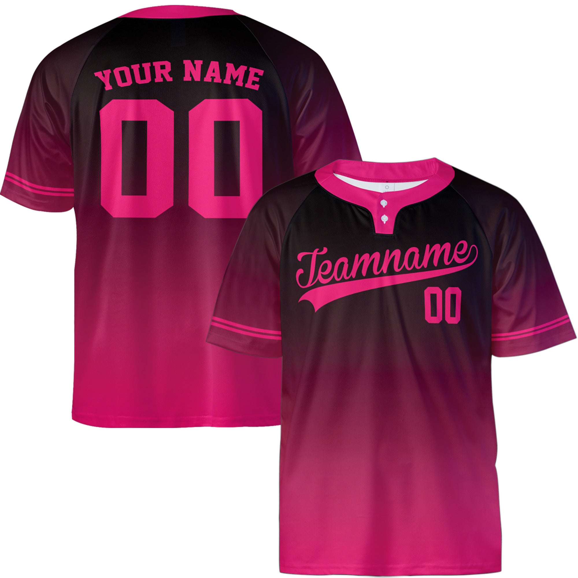 Custom Two Button Softball Jersey Black and Hot Pink Gradient – Design Your Own