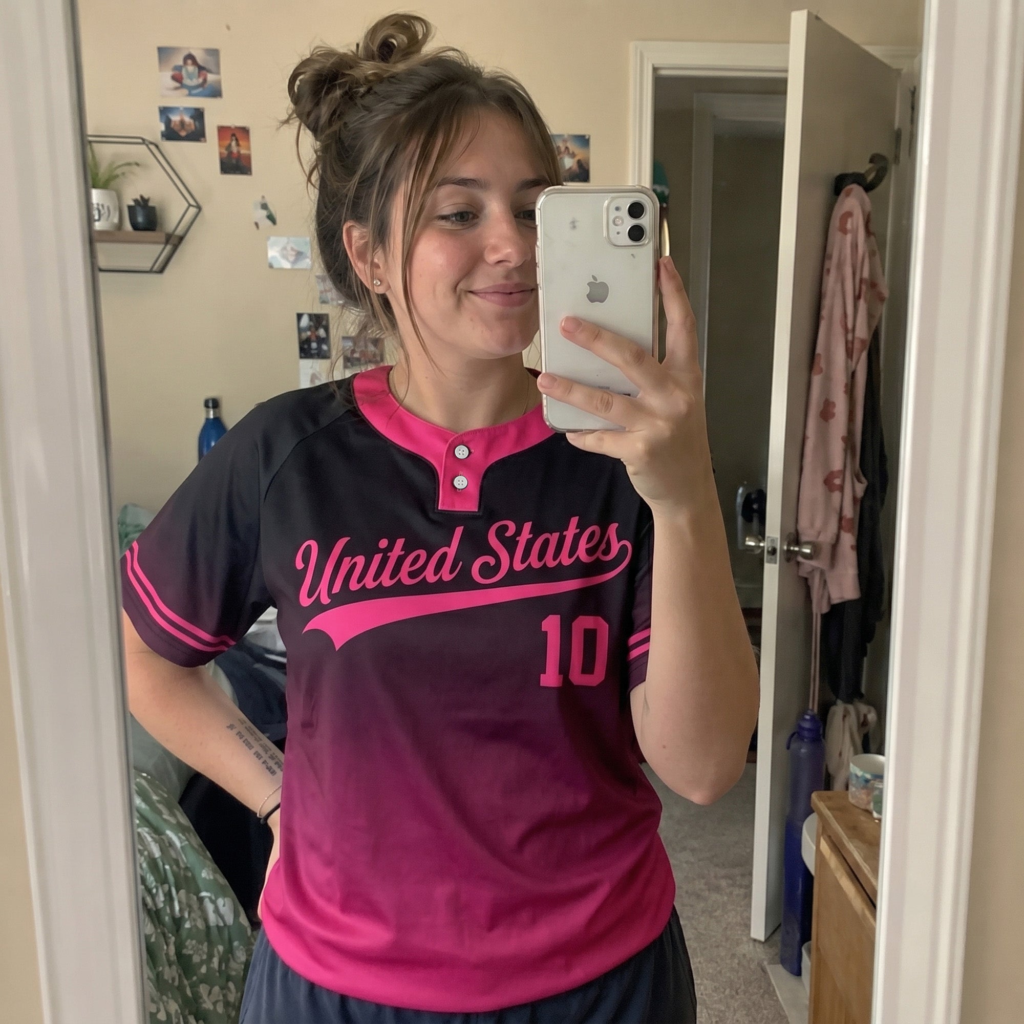 Custom Two Button Softball Jersey Black and Hot Pink Gradient – Design Your Own