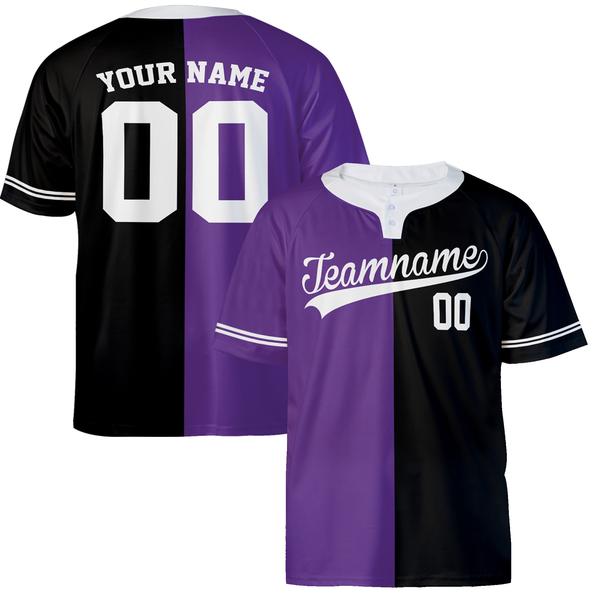 Custom Two Button Softball Jersey Black and Purple Split – Design Your Own