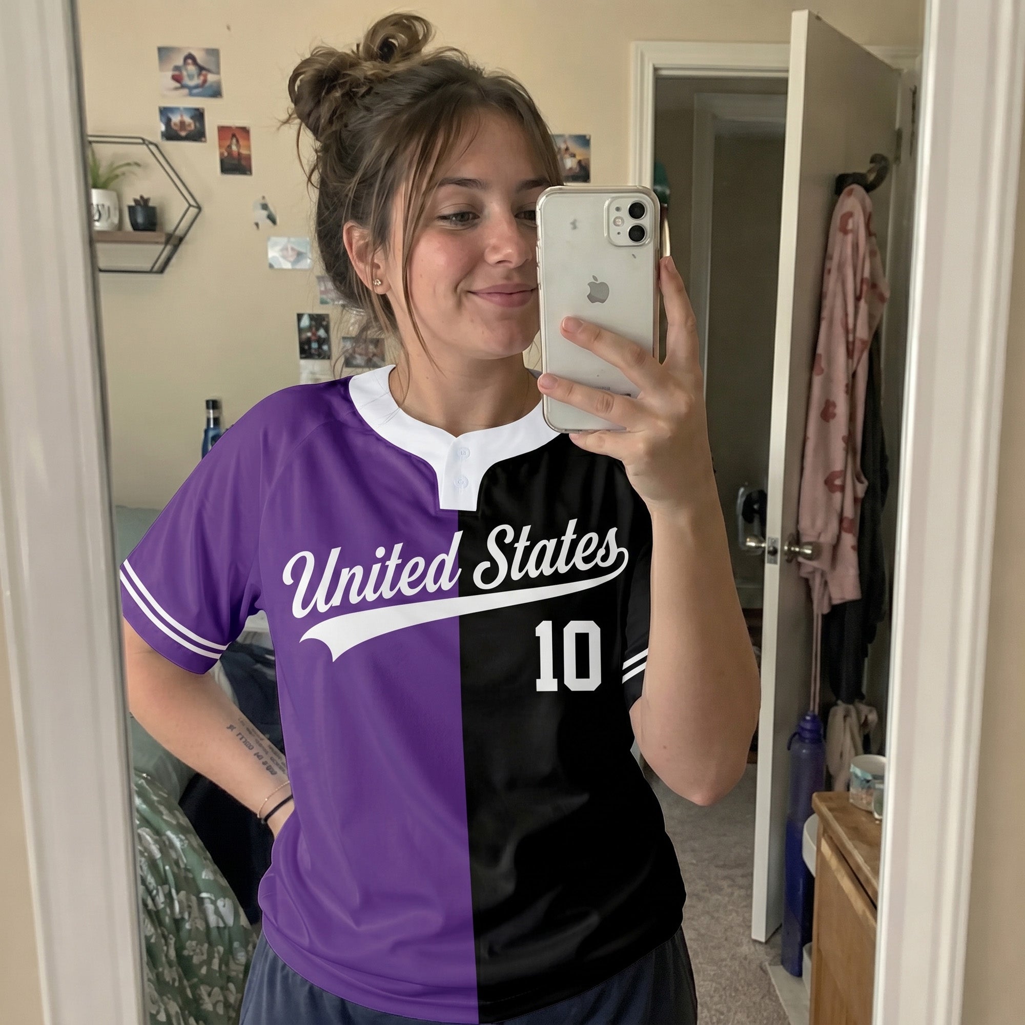 Custom Two Button Softball Jersey Black and Purple Split – Design Your Own
