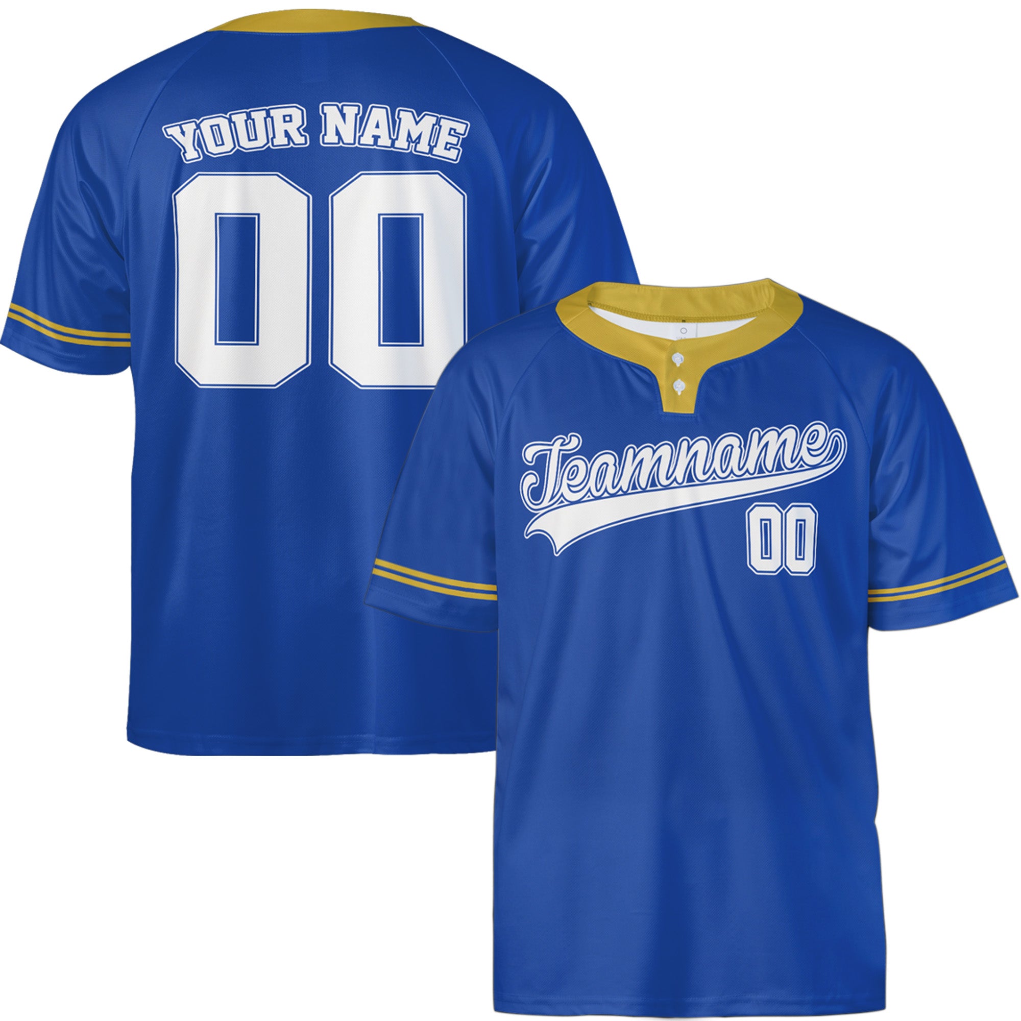Custom Two Button Softball Jersey Blue, Gold and White – Design Your Own