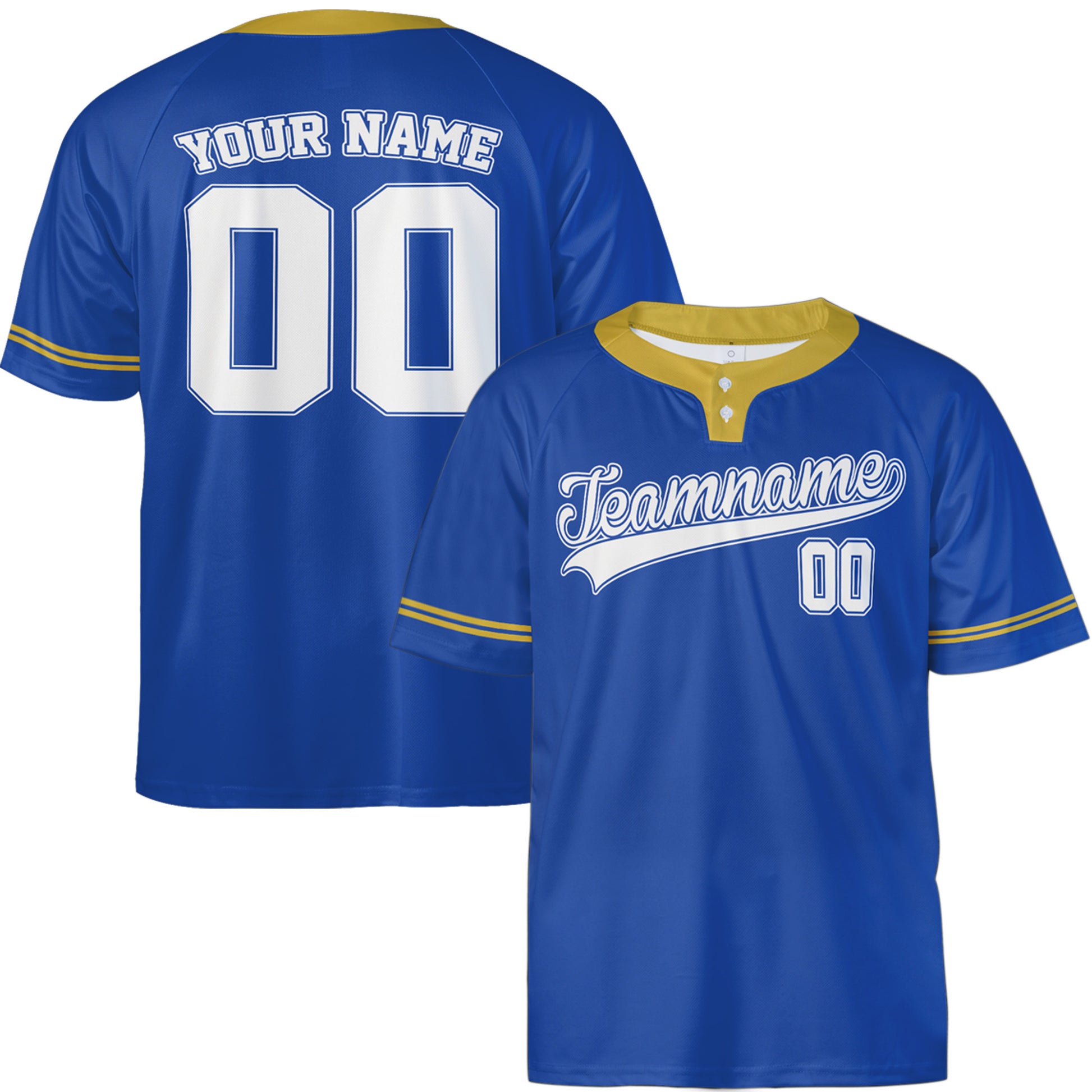 Custom Two Button Softball Jersey Blue, Gold and White – Design Your Own