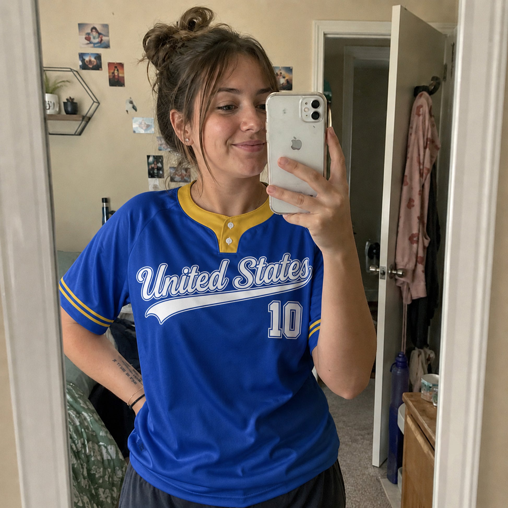 Custom Two Button Softball Jersey Blue, Gold and White – Design Your Own