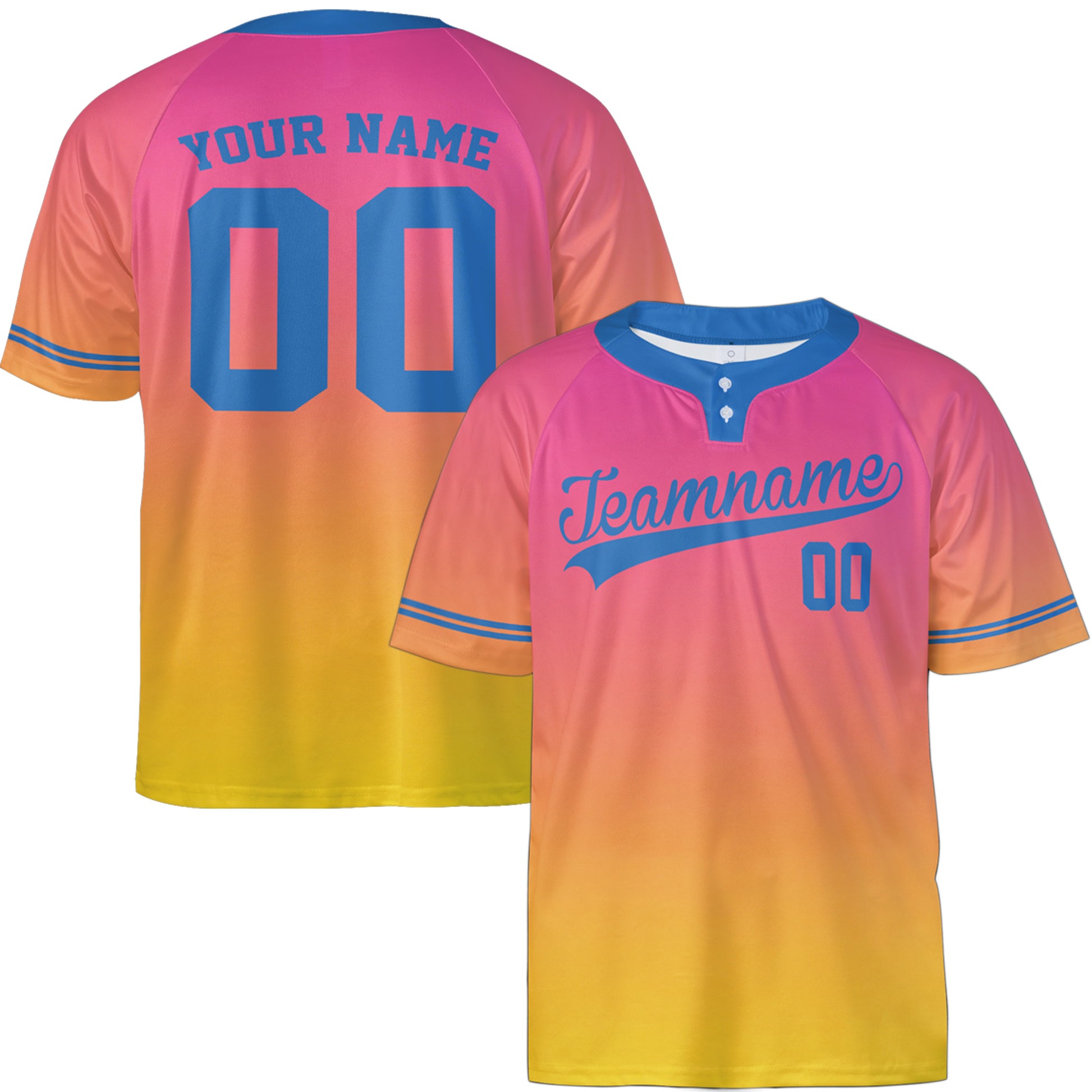 Custom Two Button Softball Jersey Blue, Pink and Yellow Gradient – Design Your Own