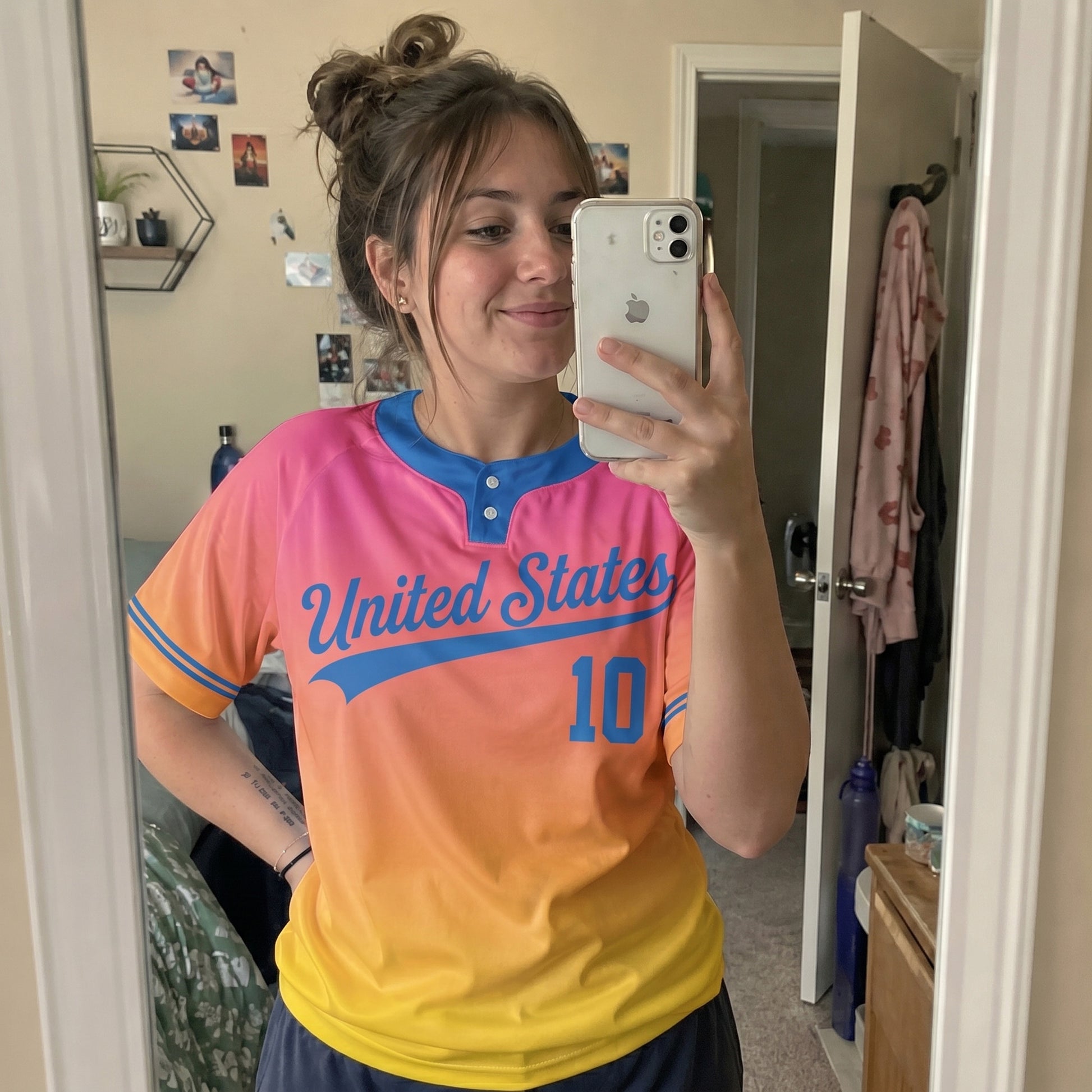 Custom Two Button Softball Jersey Blue, Pink and Yellow Gradient – Design Your Own