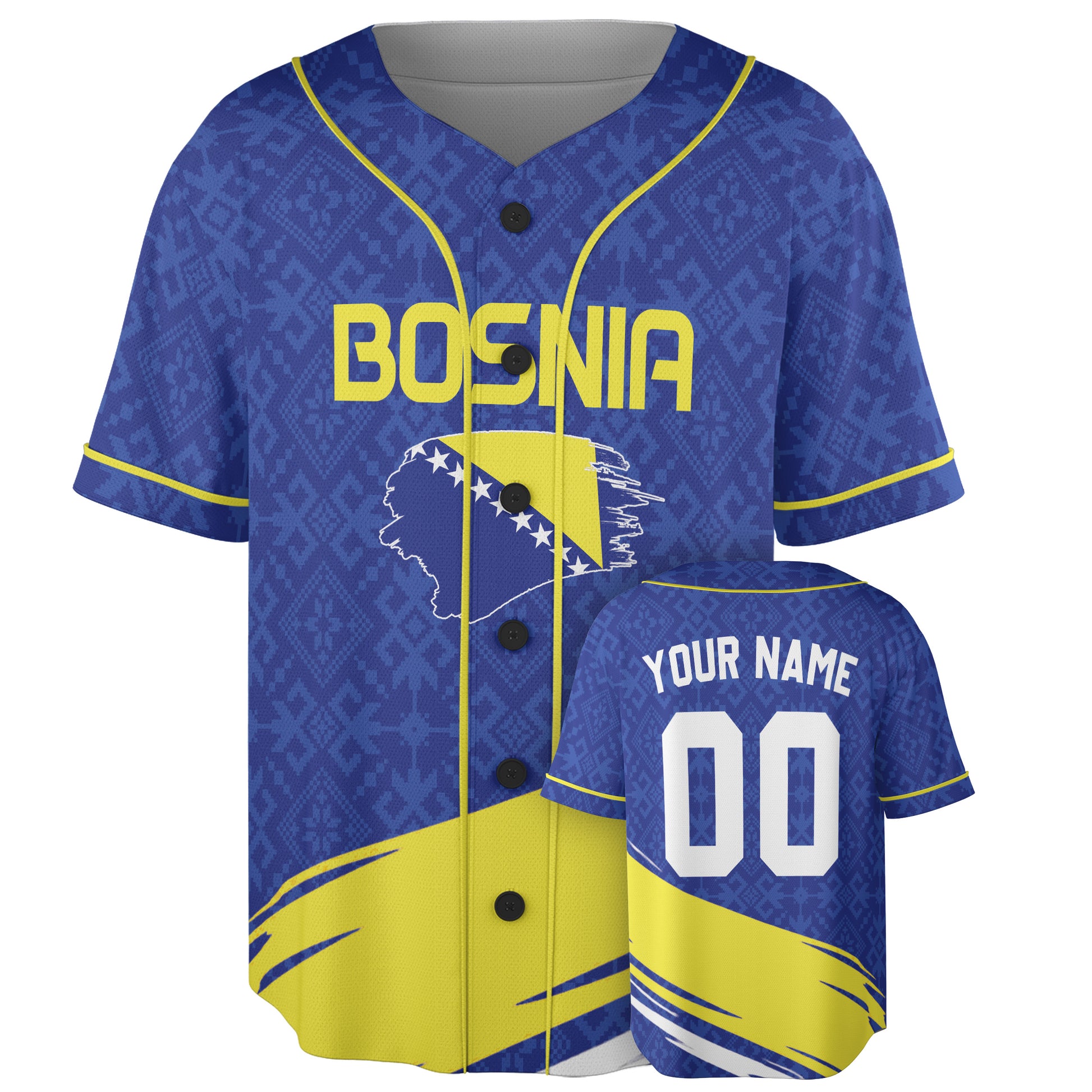 Custom Bosnia and Herzegovina Baseball Jersey Bosnian Fan Traditional Pattern – Personalized Name Number
