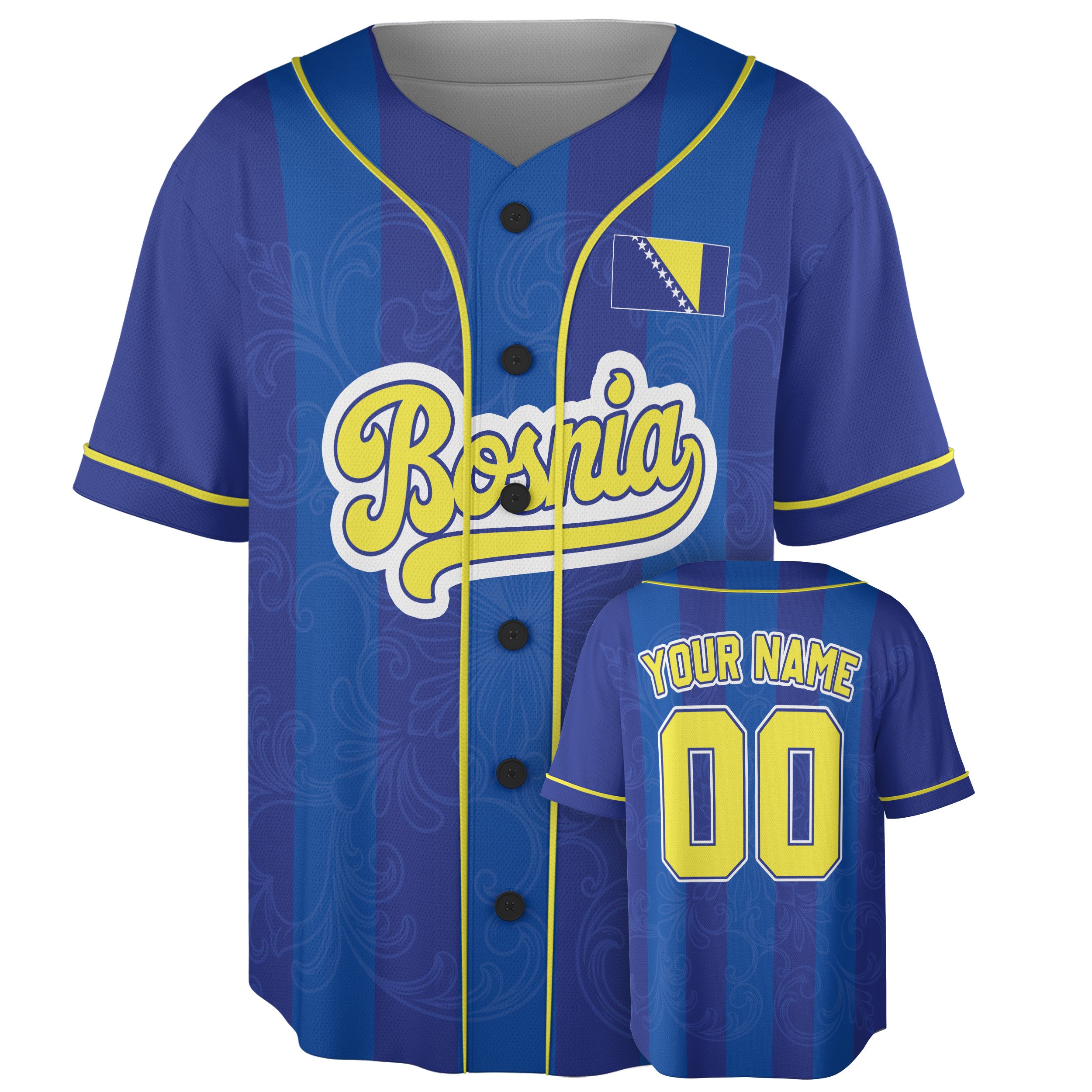 Custom Bosnia and Herzegovina Baseball Jersey Bosnian Fan Floral Pattern – Personalized Name Number