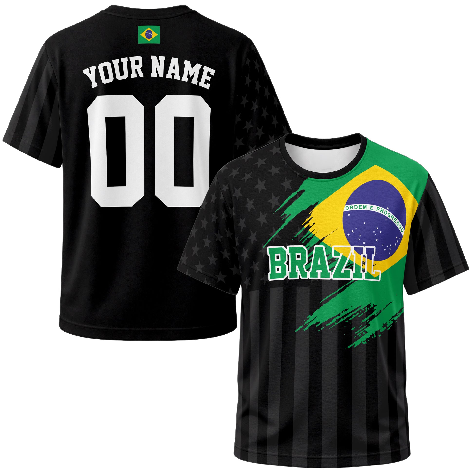 Custom Brazil Soccer Jersey Brazilian Fan Flag Black - Personalized Name Number