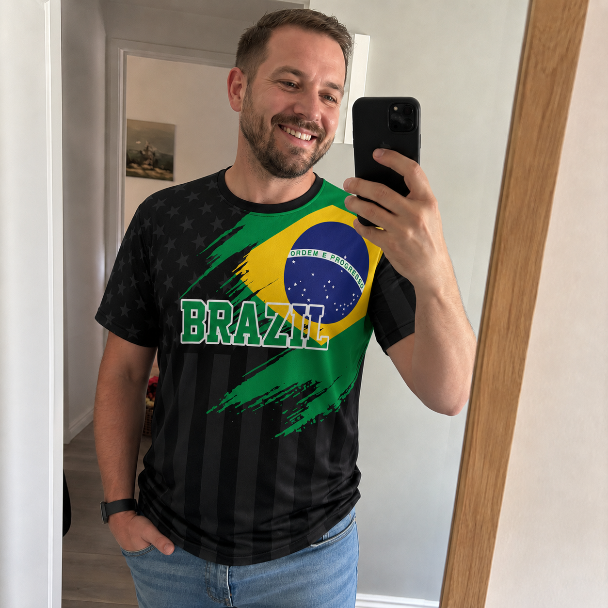 Custom Brazil Soccer Jersey Brazilian Fan Flag Black - Personalized Name Number
