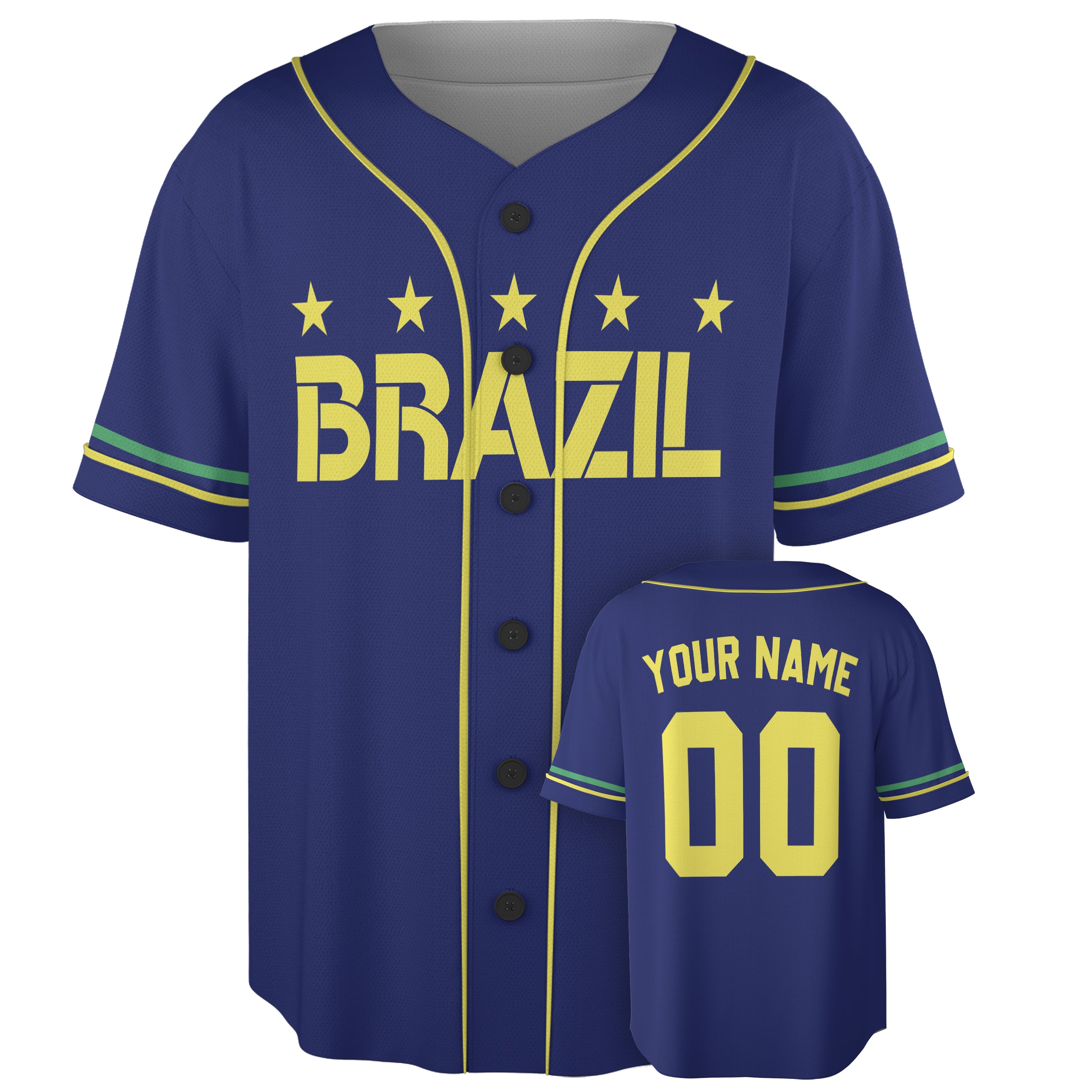 Custom Brazil Baseball Jersey Brazilian Fan Navy and Yellow Stars – Personalized Name Number
