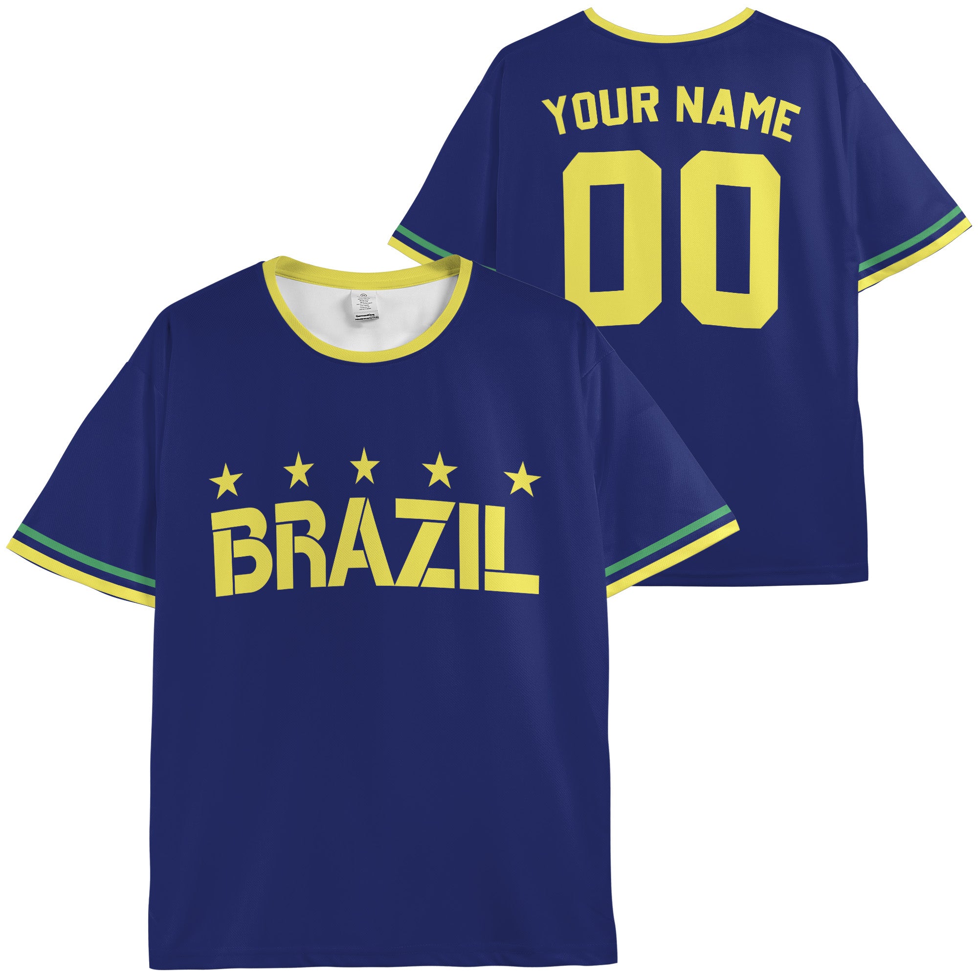 Custom Brazil Soccer Jersey Brazilian Fan Navy and Yellow Stars - Personalized Name Number