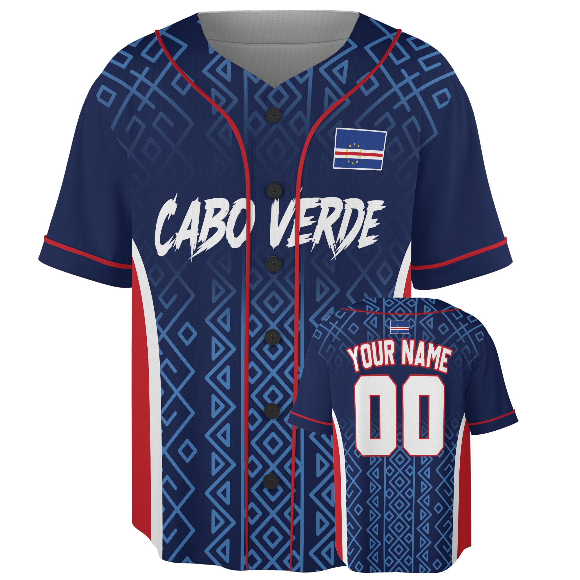 Custom Cape Verde / Cabo Verde Baseball Jersey Tribal Geometric Pattern – Personalized Name Number
