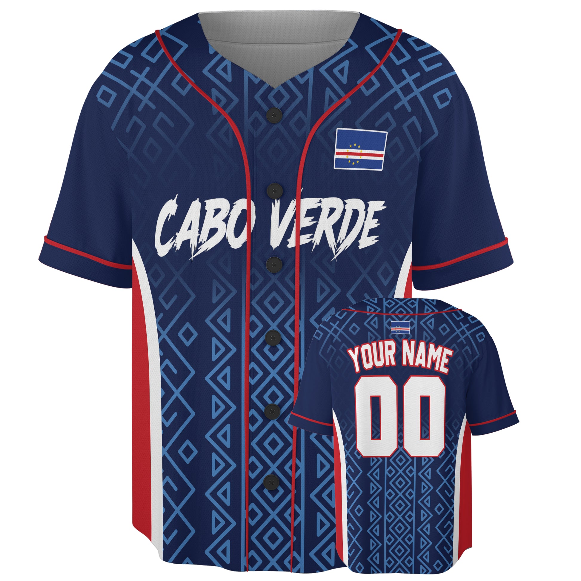 Custom Cape Verde / Cabo Verde Baseball Jersey Tribal Geometric Pattern – Personalized Name Number