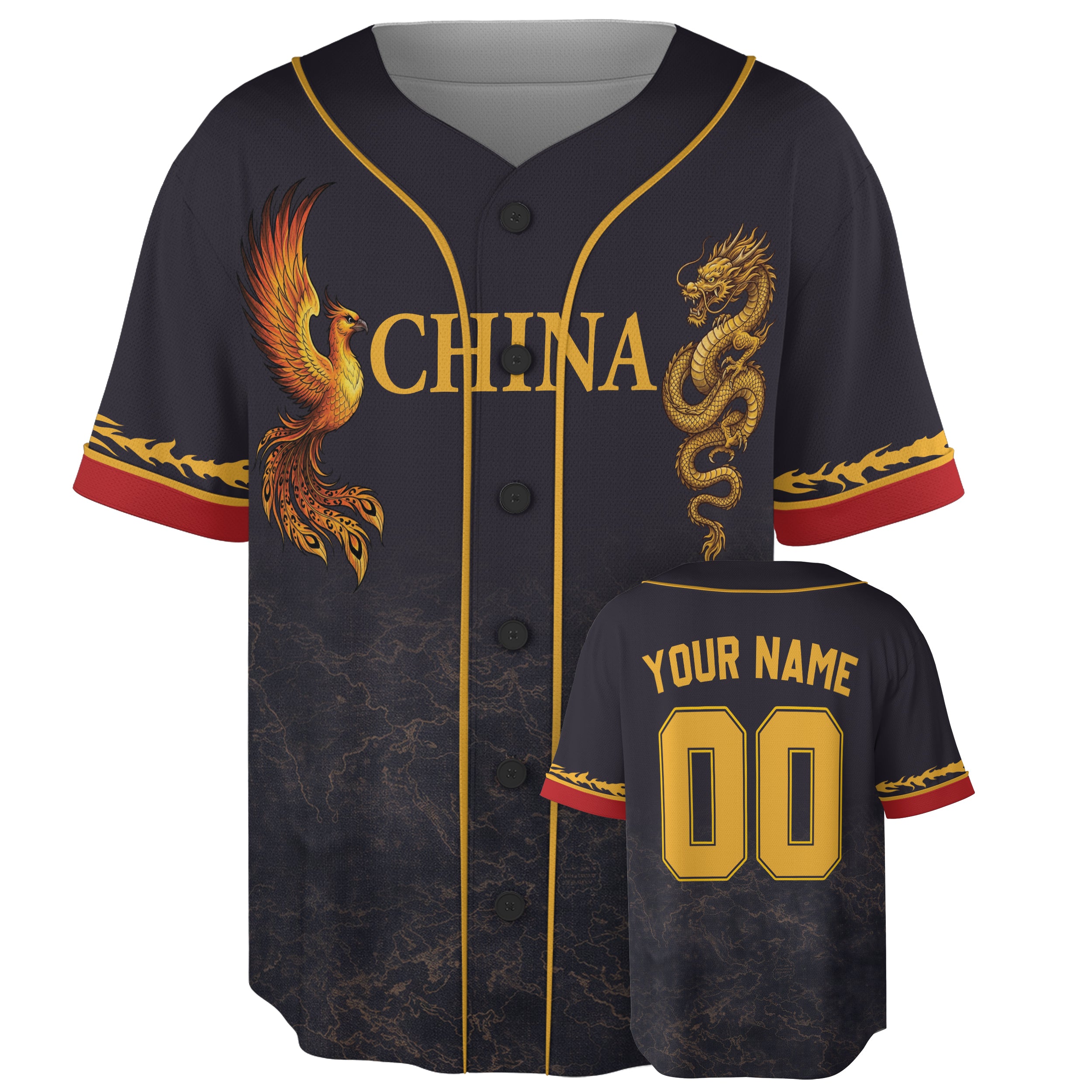 Custom China Baseball Jersey Chinese Fan Dragon & Phoenix Black – Personalized Name Number