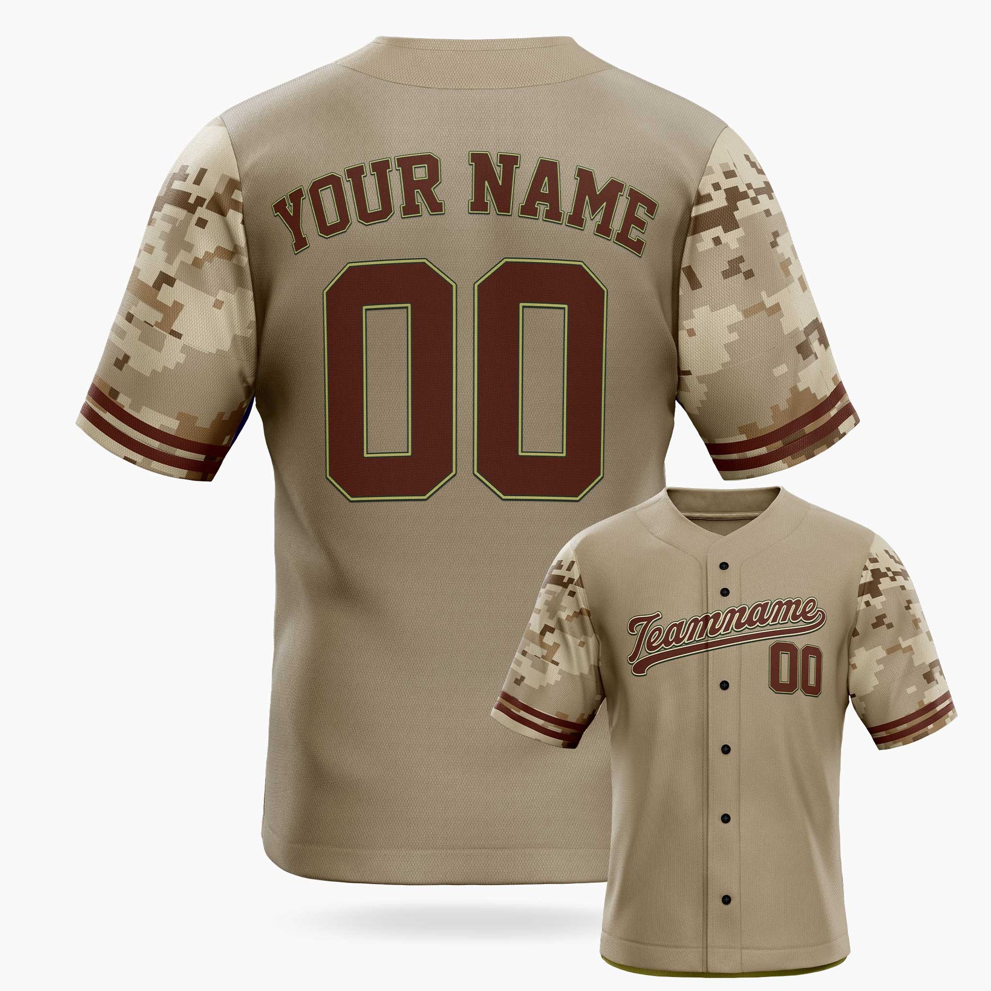 Custom Baseball Jersey Beige with Camo Sleeves – Personalized Name Number
