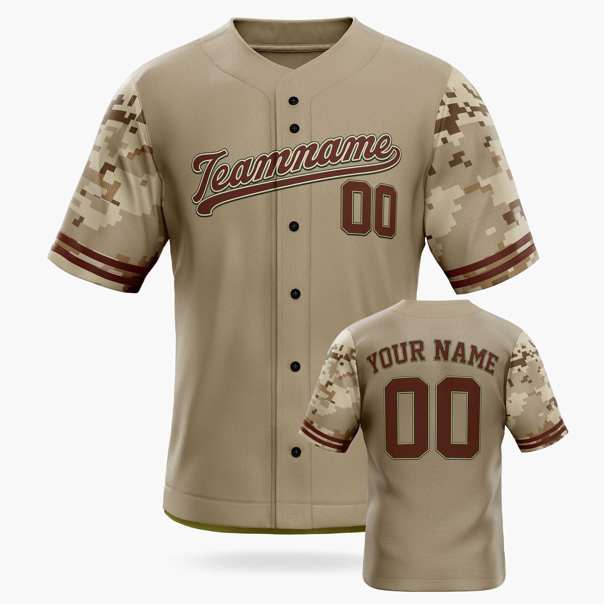 Custom Baseball Jersey Beige with Camo Sleeves – Personalized Name Number
