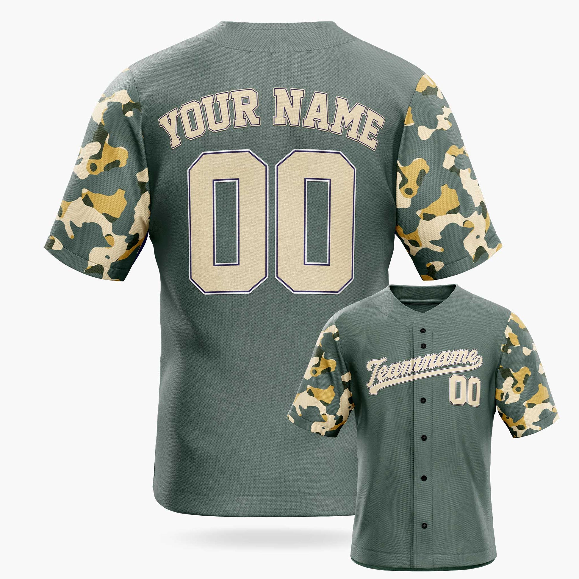 Custom Baseball Jersey Gray with Camo Sleeves – Personalized Name Number