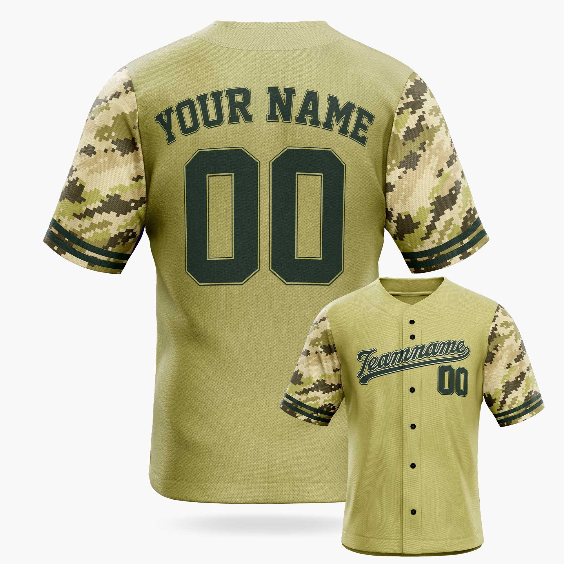 Custom Baseball Jersey Olive with Camo Sleeves – Personalized Name Number
