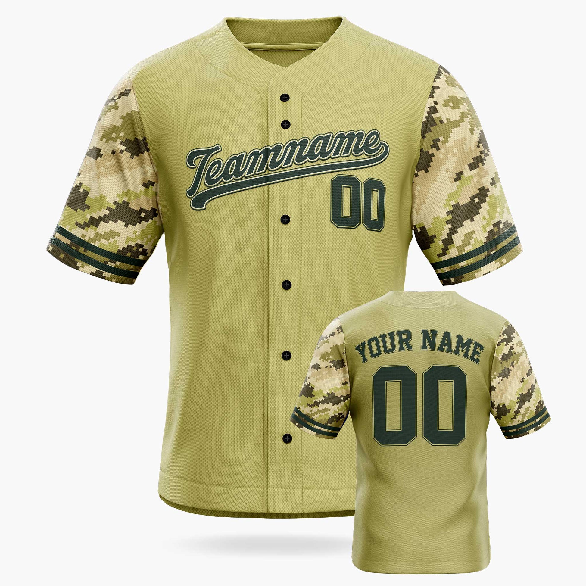 Custom Baseball Jersey Olive with Camo Sleeves – Personalized Name Number