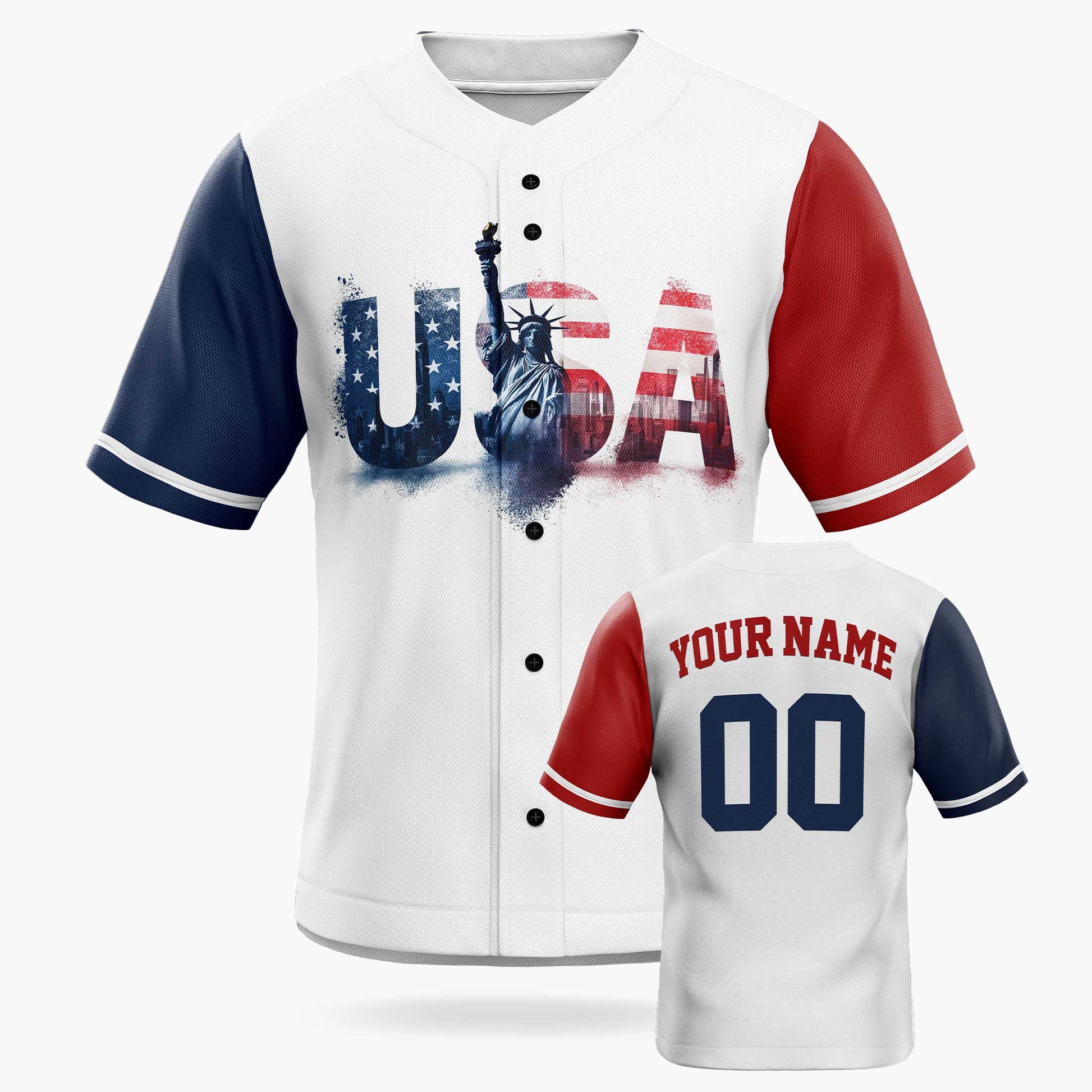 Custom Split Baseball Jersey Patriotic Statue USA – Personalized Name Number