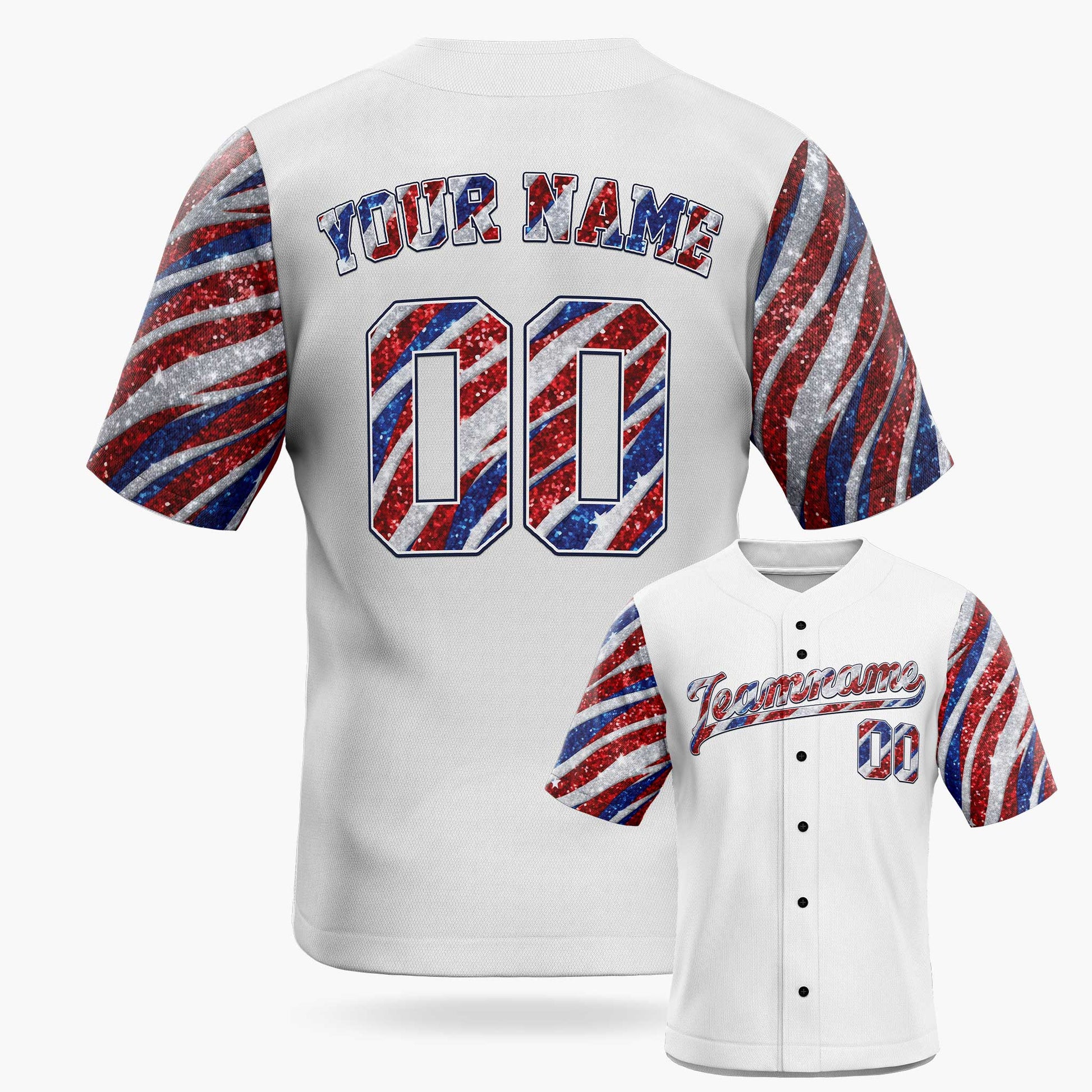Custom Patriotic Baseball Jersey USA Glitter Flag – Personalized Name Number