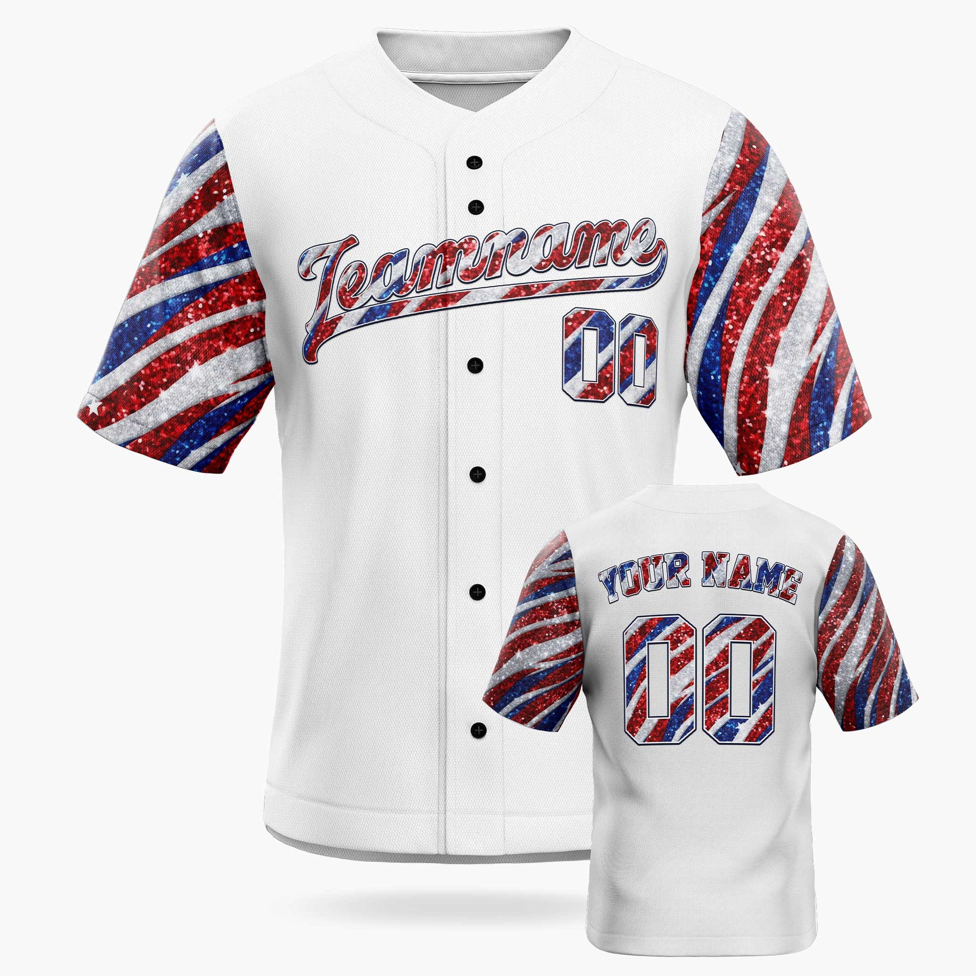 Custom Patriotic Baseball Jersey USA Glitter Flag – Personalized Name Number