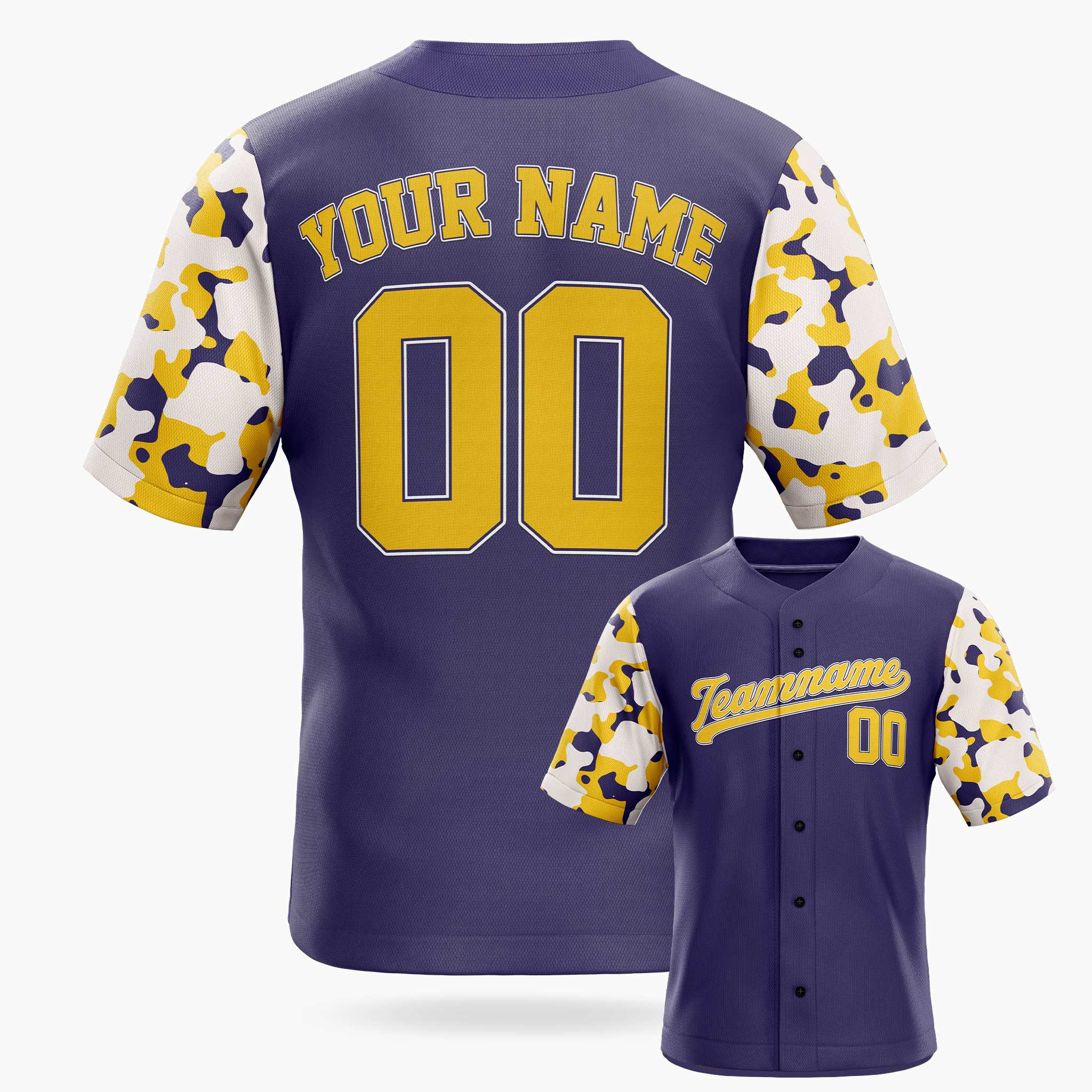 Custom Baseball Jersey Purple with Camo Sleeves – Personalized Name Number