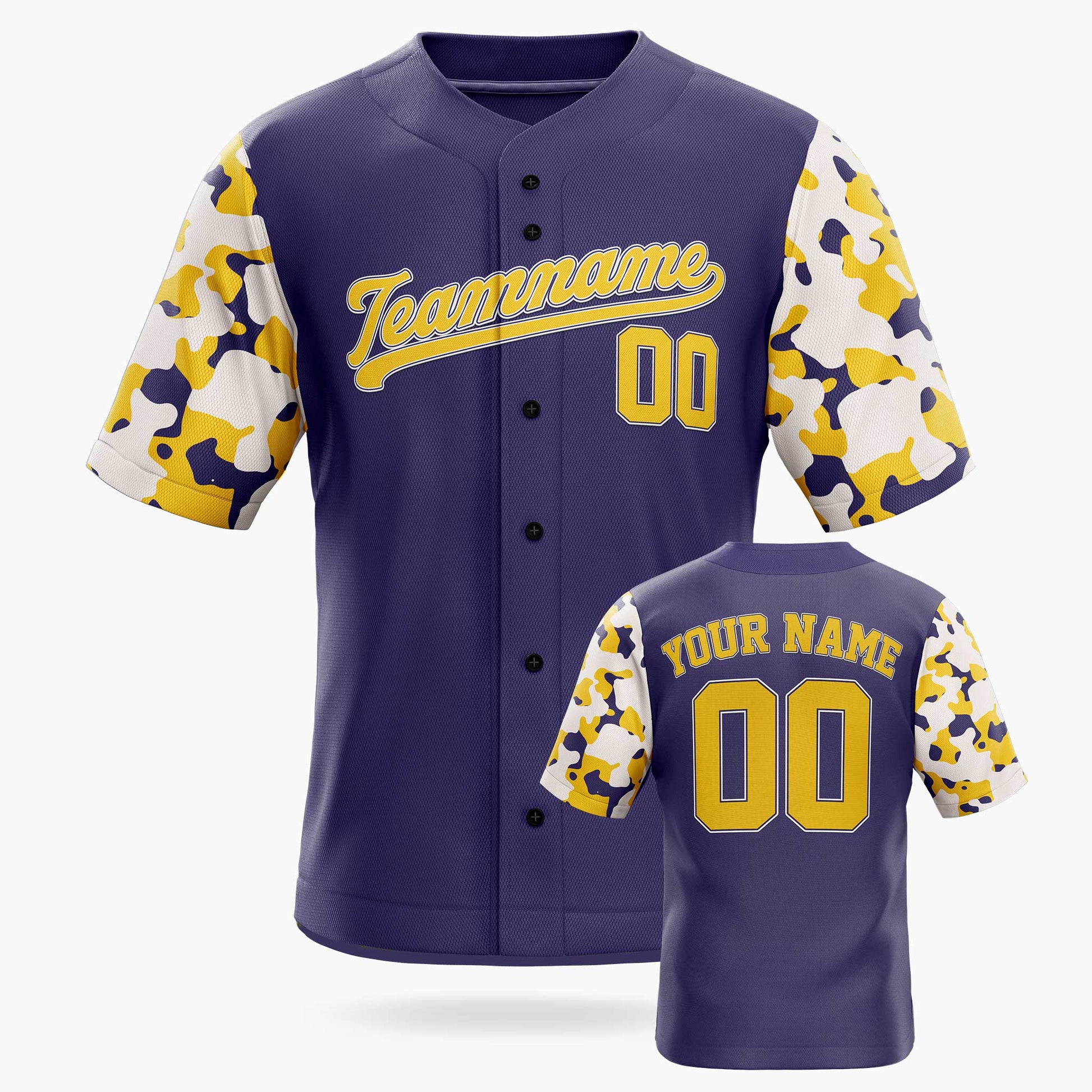 Custom Baseball Jersey Purple with Camo Sleeves – Personalized Name Number