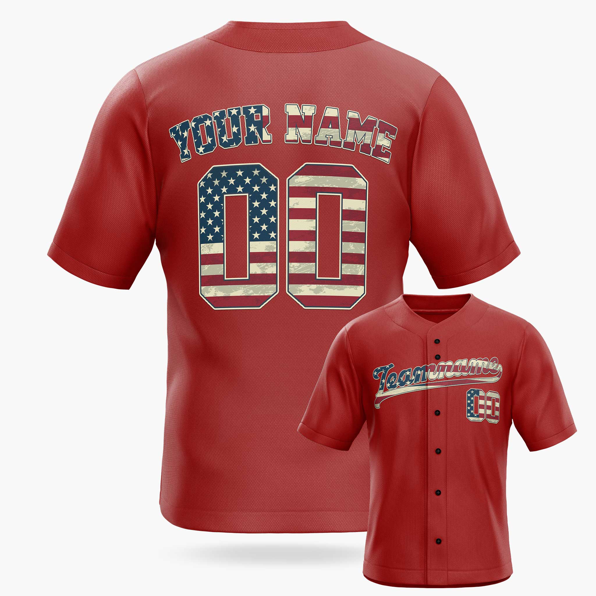 Custom Red Baseball Jersey with Patriotic US Flag – Personalized Name Number