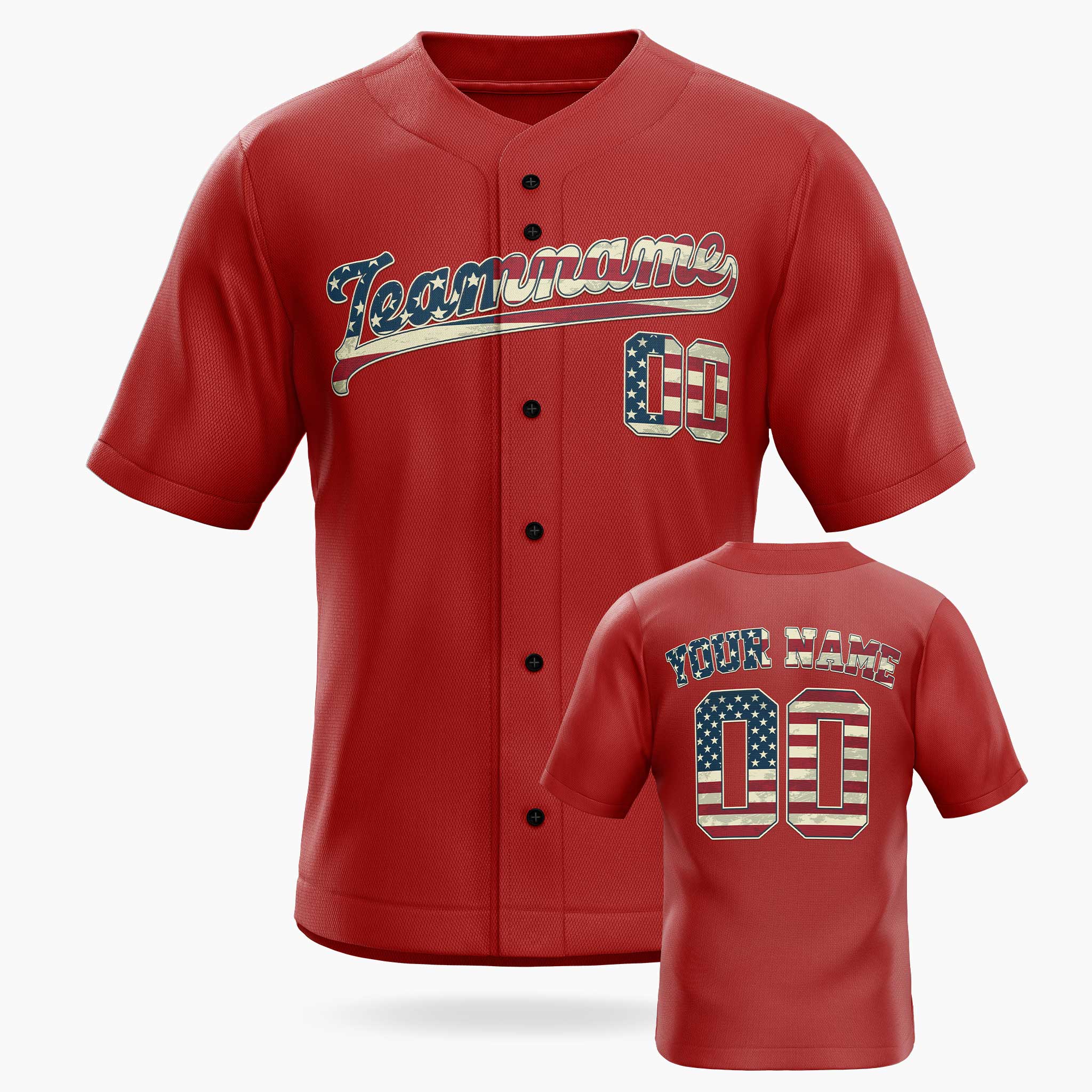 Custom Red Baseball Jersey with Patriotic US Flag – Personalized Name Number