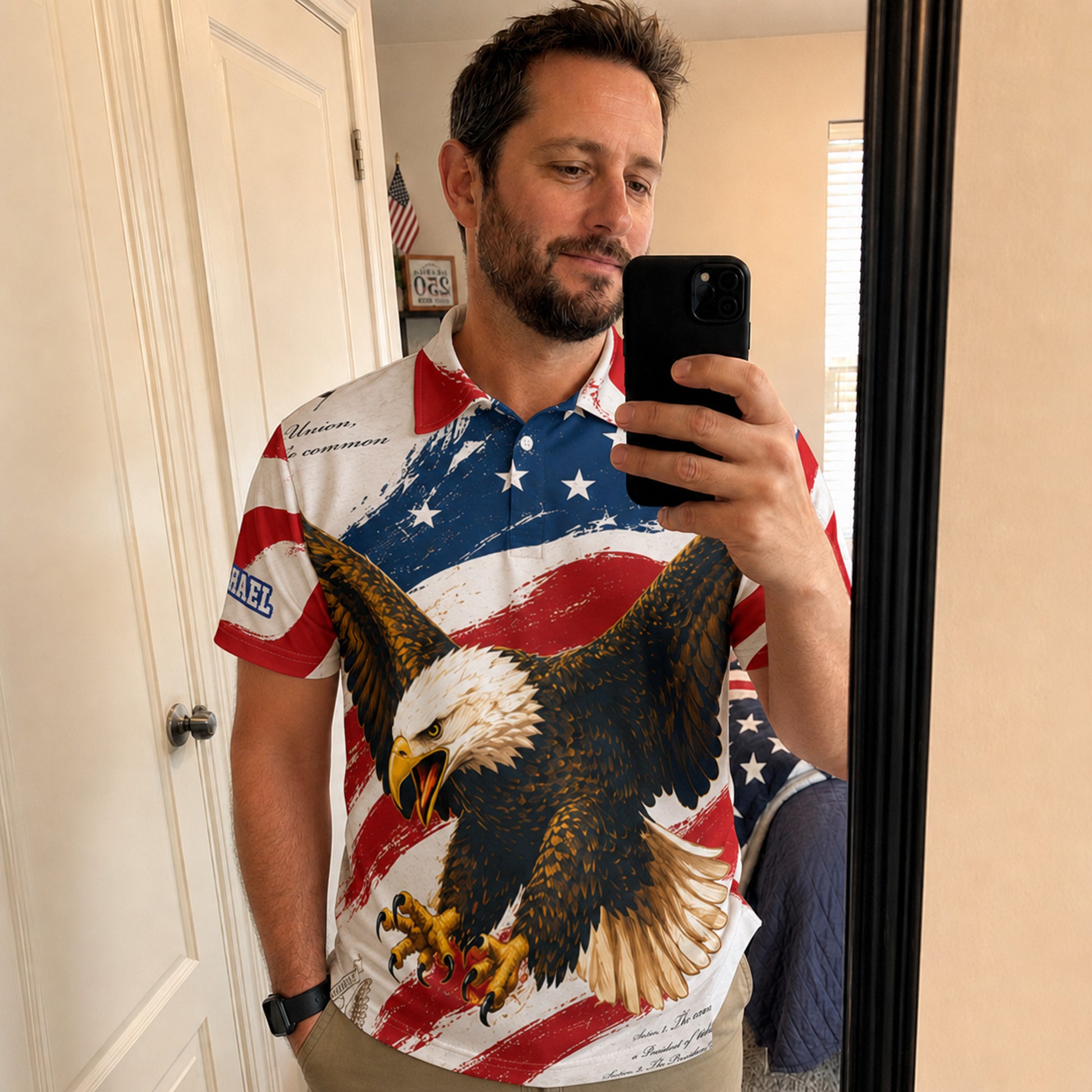 Custom USA 250th Anniversary Golf Polo Liberty Eagle Heritage - Personalized Name