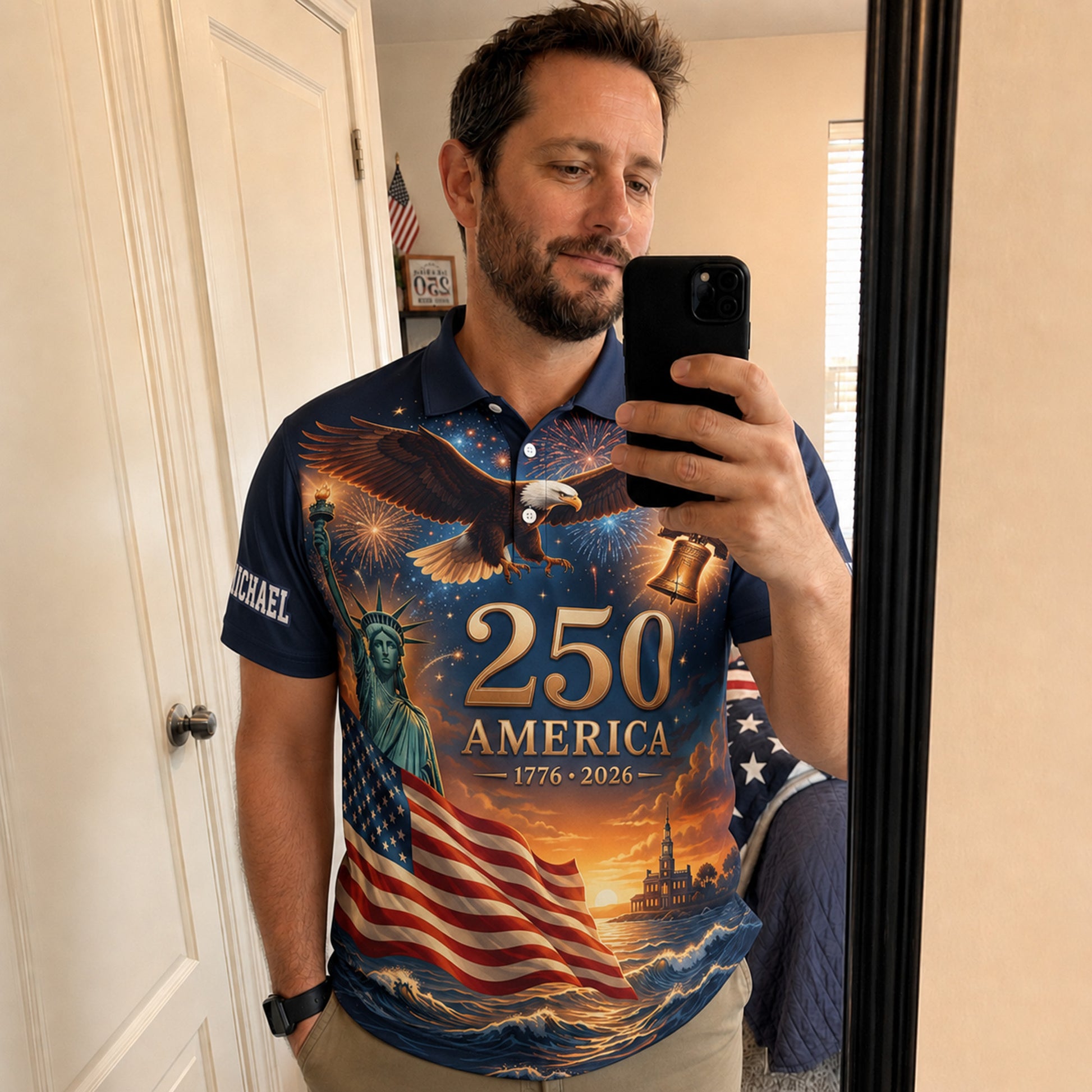 Custom USA 250th Anniversary Golf Polo Freedom Eagle Celebration - Personalized Name