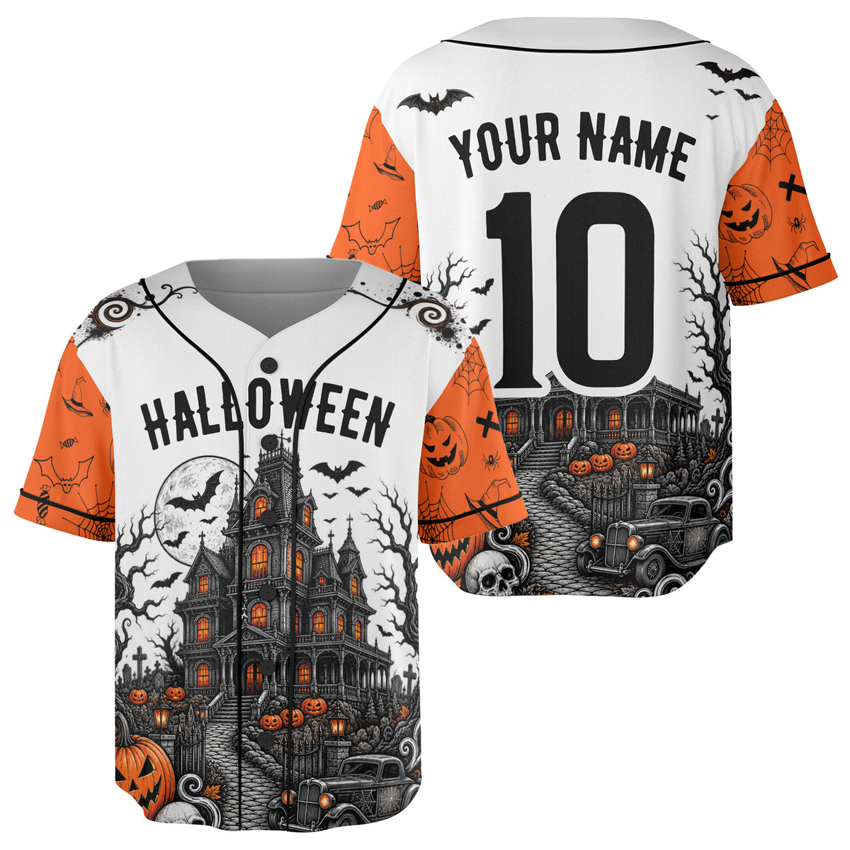 Custom Halloween Baseball Jersey Haunted House White - Design Your Own