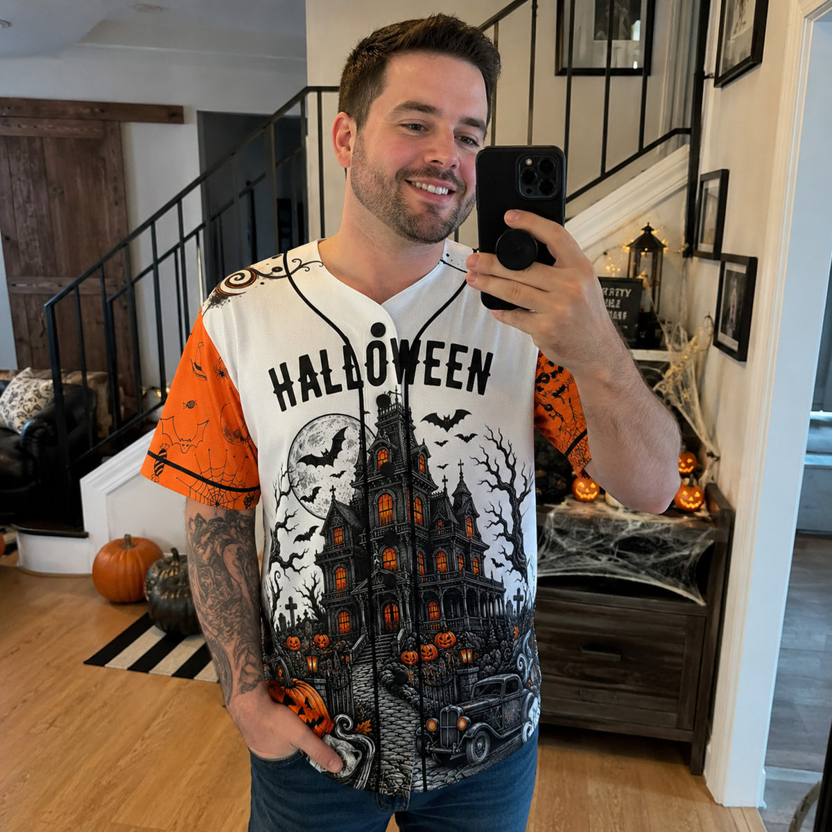Custom Halloween Baseball Jersey Haunted House White - Design Your Own
