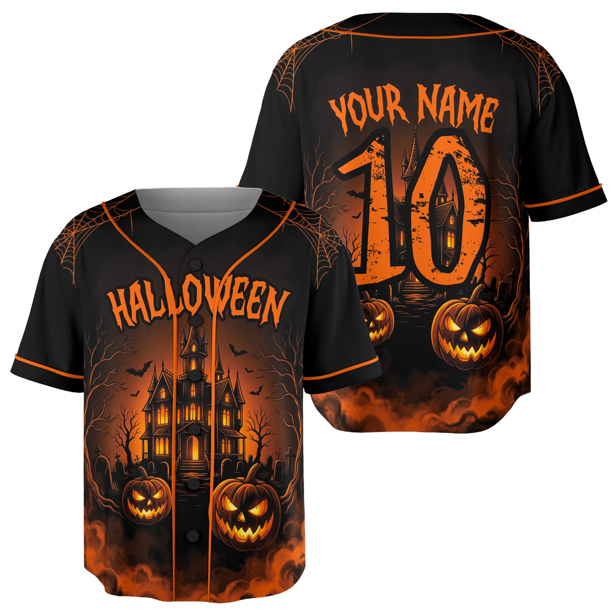Custom Halloween Baseball Jersey Haunted House Orange - Design Your Own