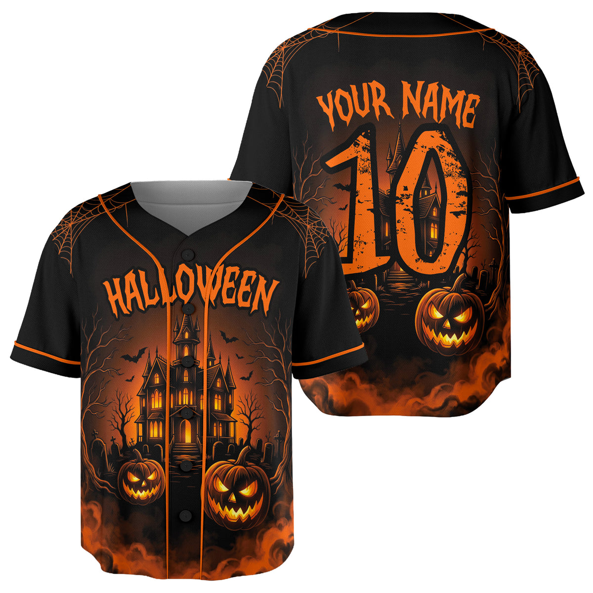 Custom Halloween Baseball Jersey Haunted House Orange - Design Your Own