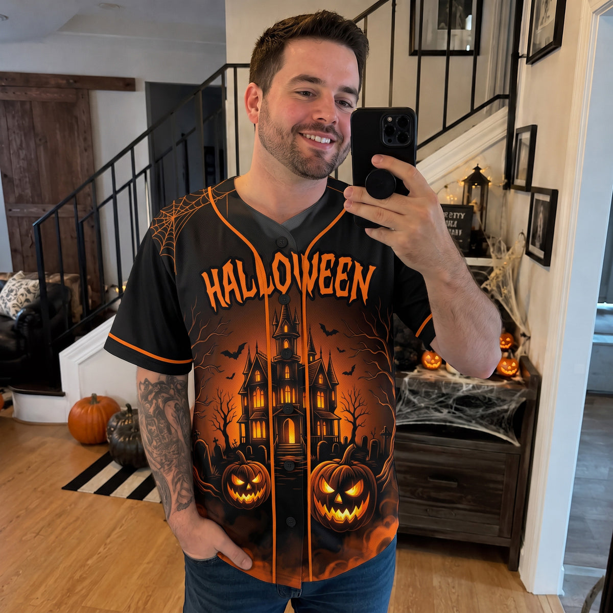 Custom Halloween Baseball Jersey Haunted House Orange - Design Your Own