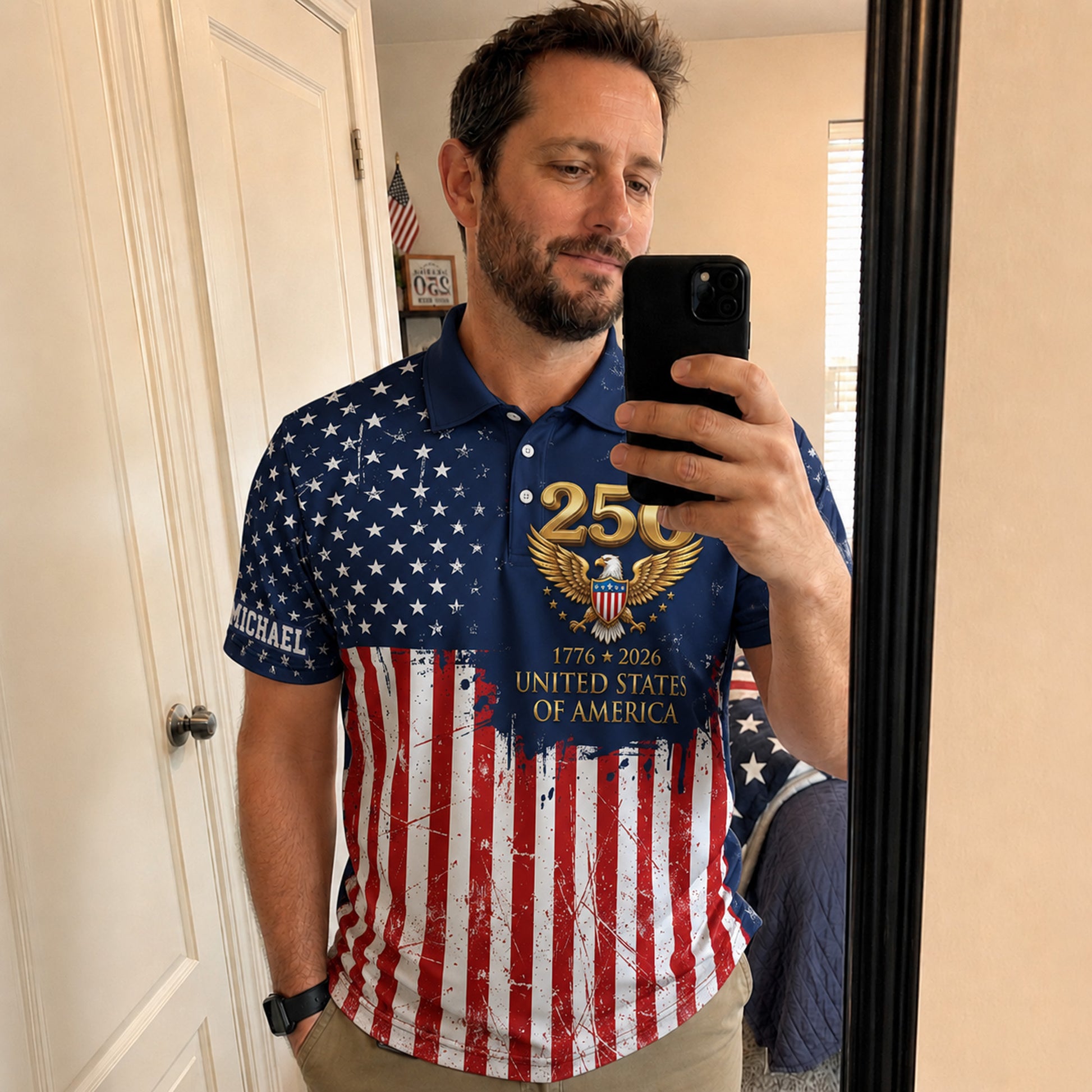 Custom USA 250th Anniversary Golf Polo Freedom Eagle - Personalized Name