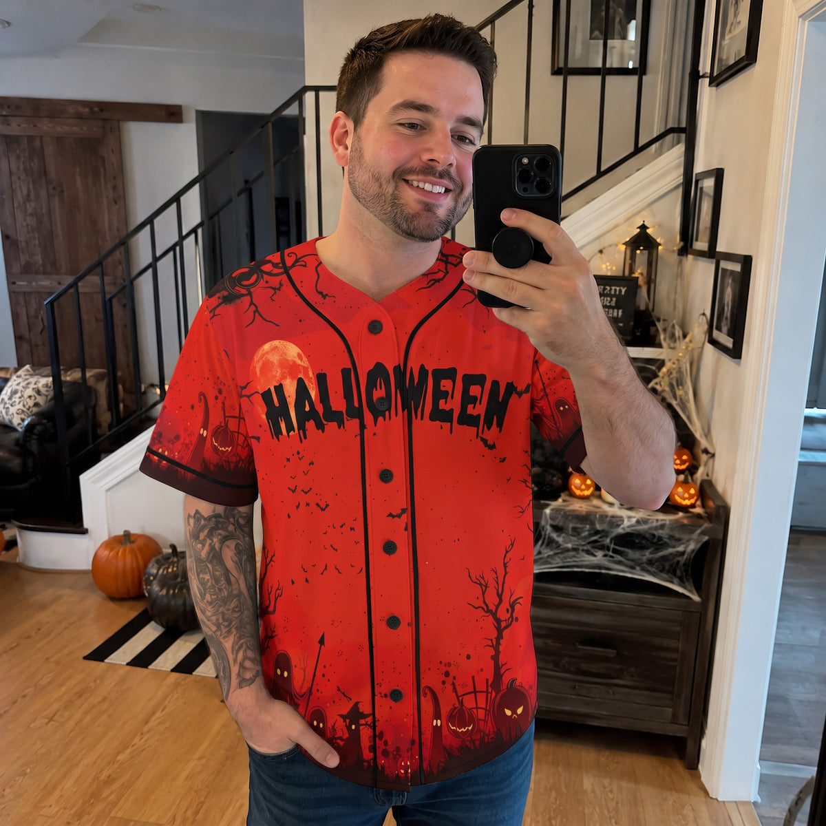 Custom Halloween Baseball Jersey Red Moon - Design Your Own