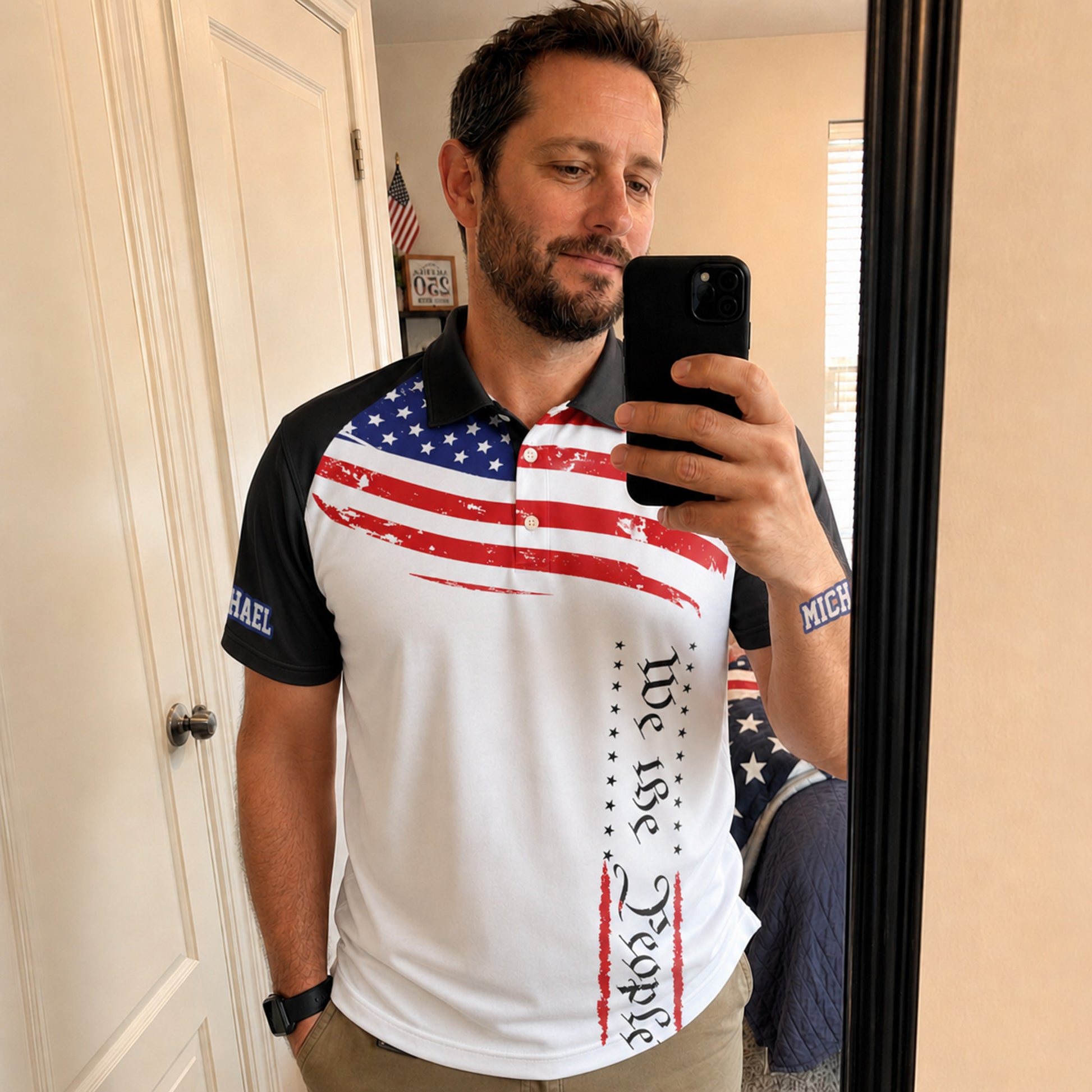 Custom USA 250th Anniversary Golf Polo Liberty Flag Wave - Personalized Name