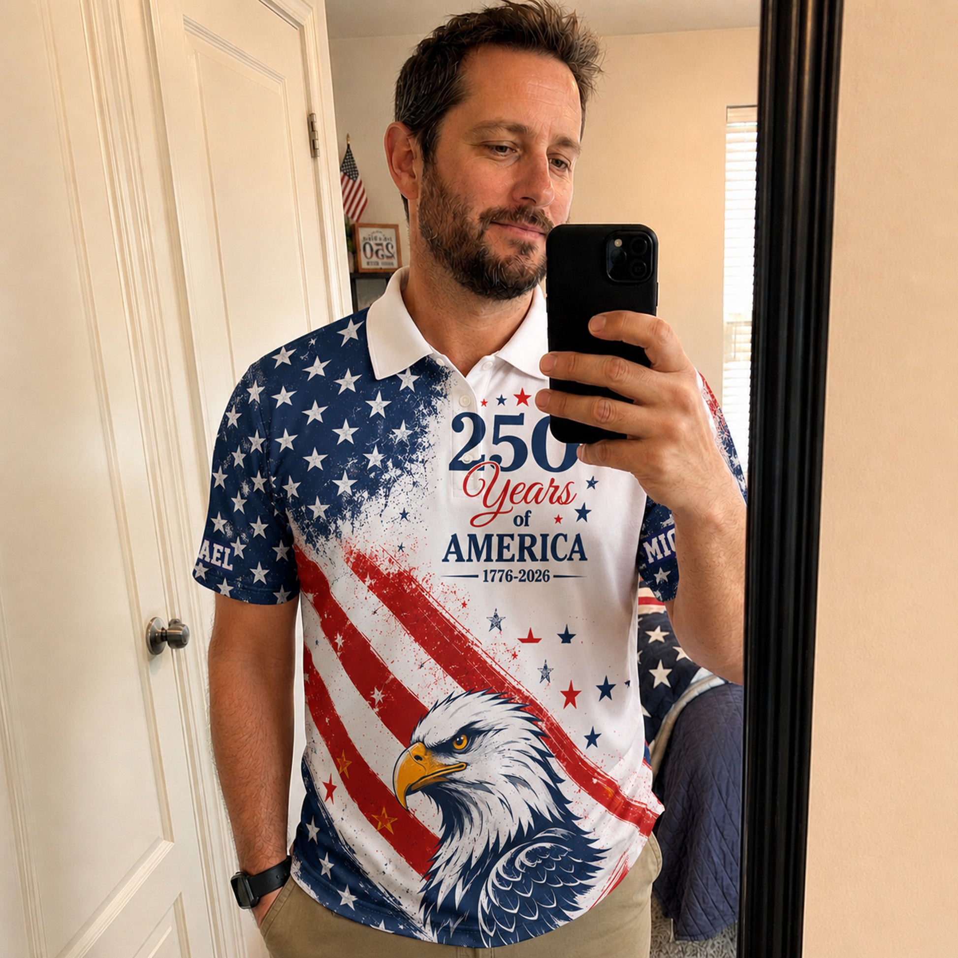 Custom USA 250th Anniversary Golf Polo Patriot Eagle Crest - Personalized Name
