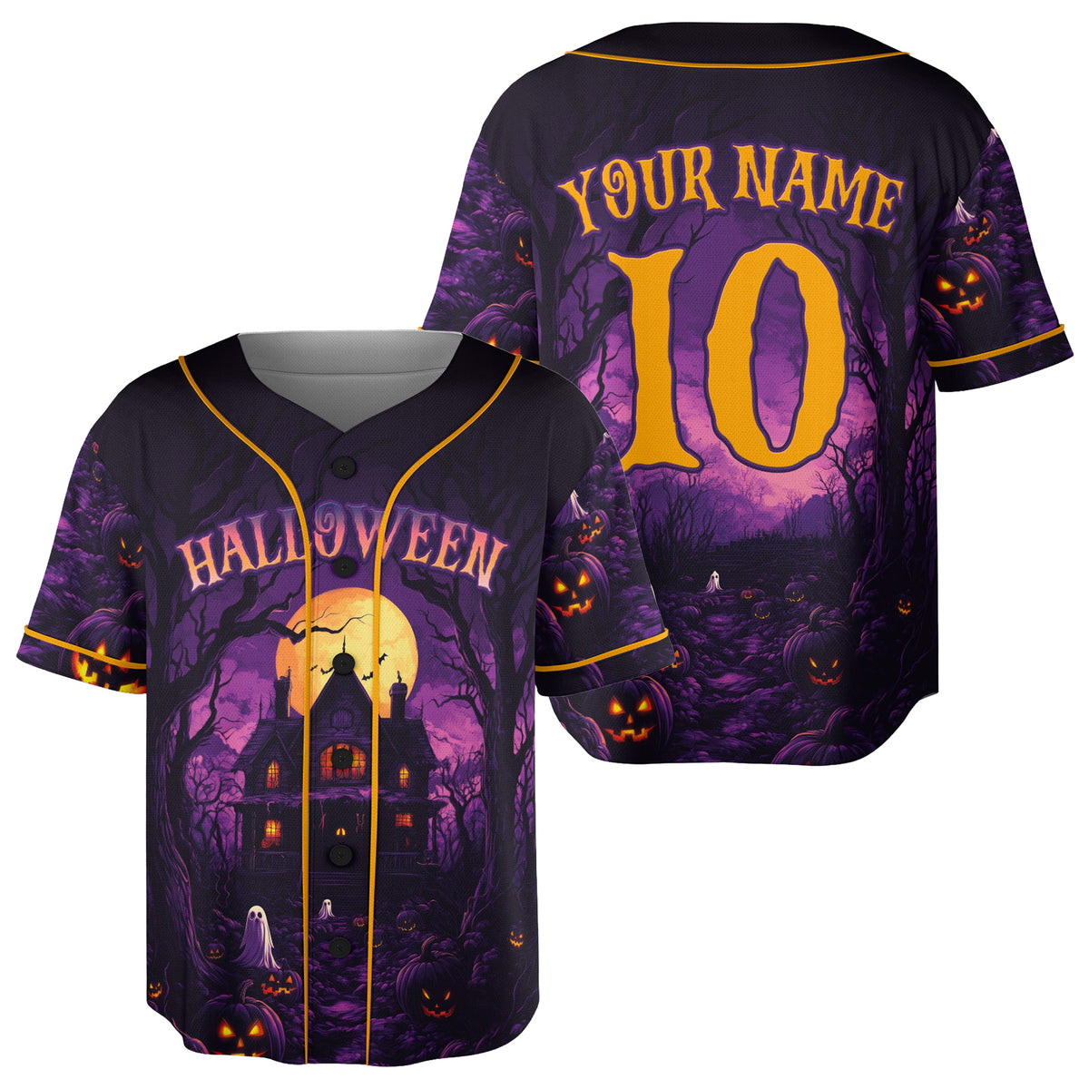 Custom Halloween Baseball Jersey Haunted House Purple - Design Your Own