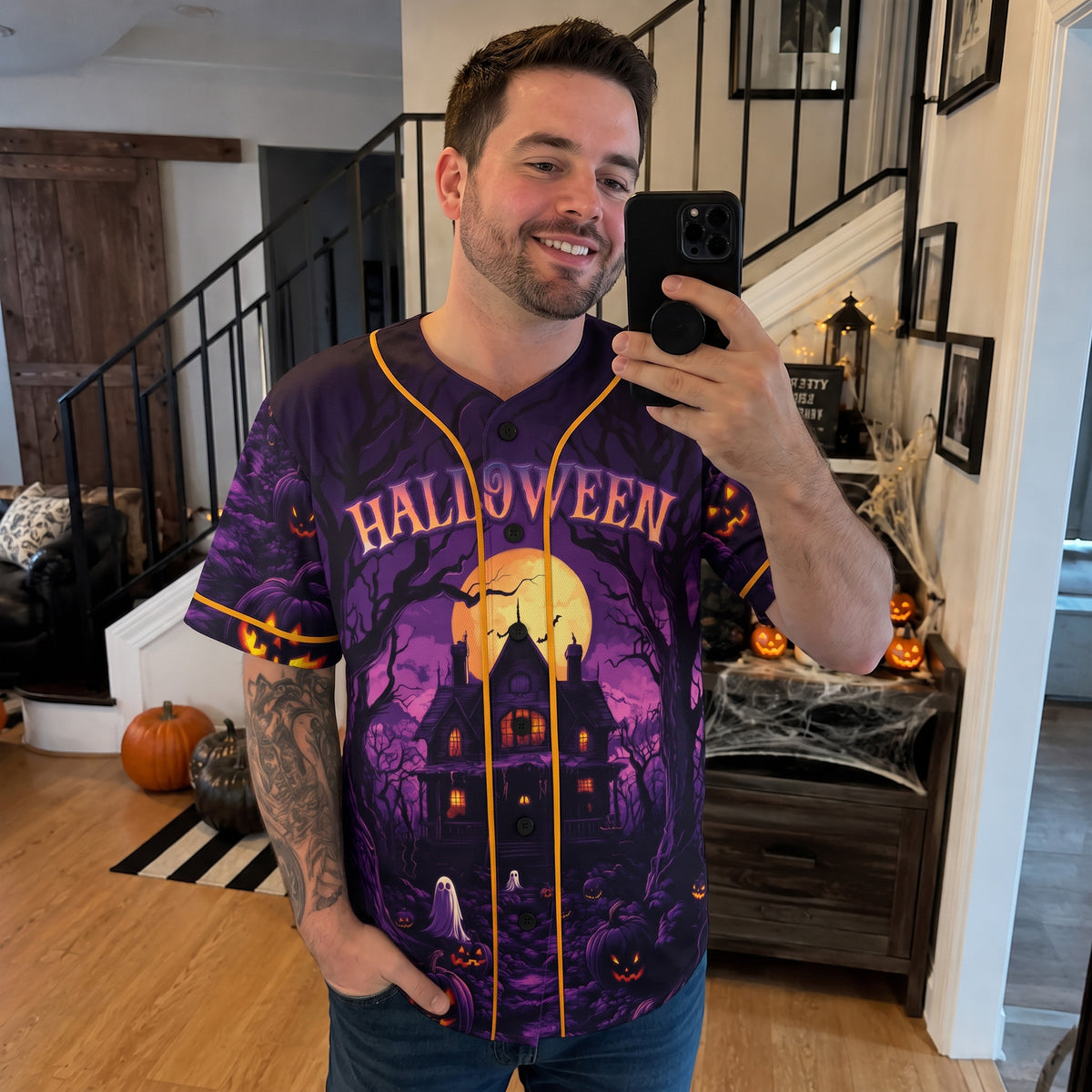 Custom Halloween Baseball Jersey Haunted House Purple - Design Your Own