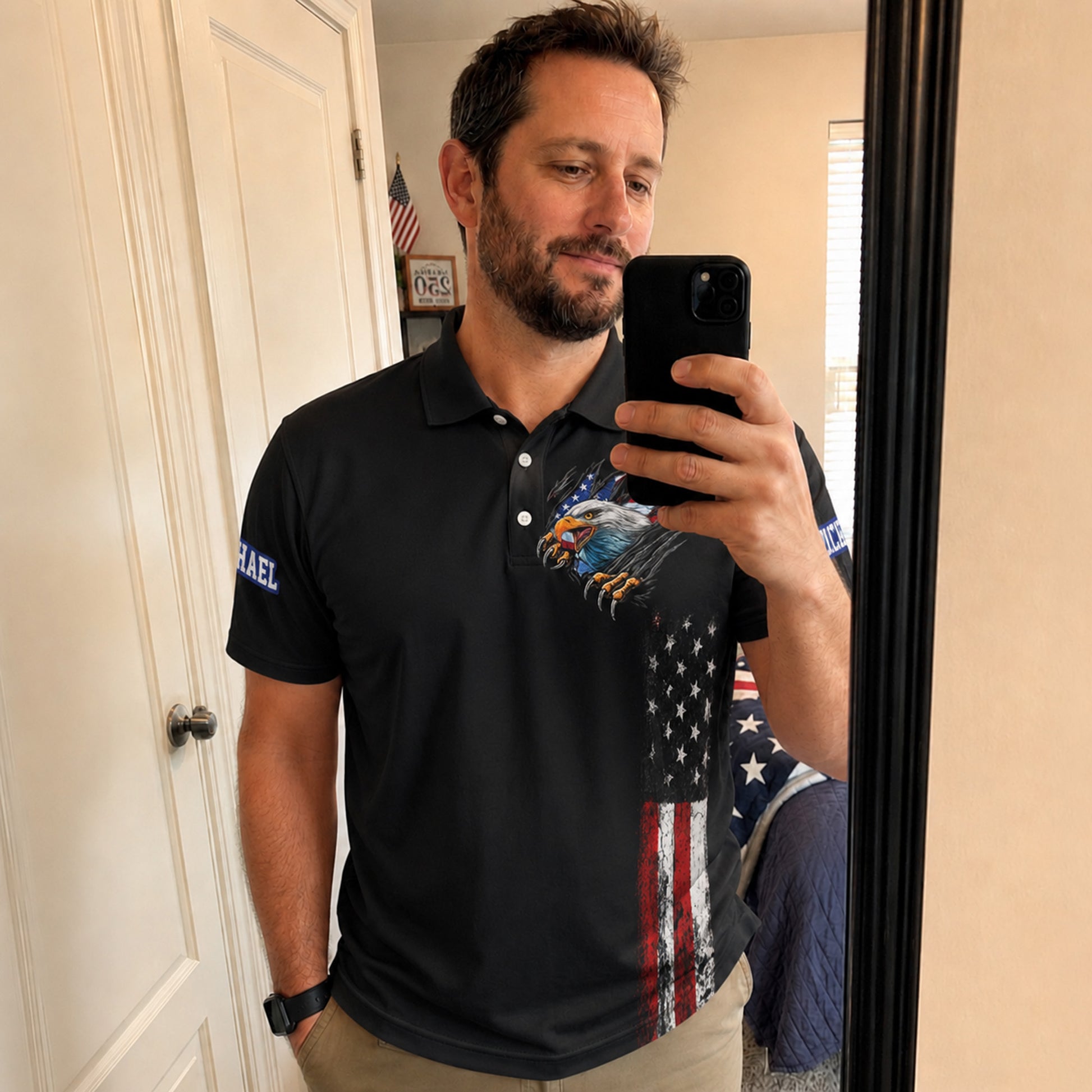 Custom USA 250th Anniversary Golf Polo Freedom Eagle Strike - Personalized Name
